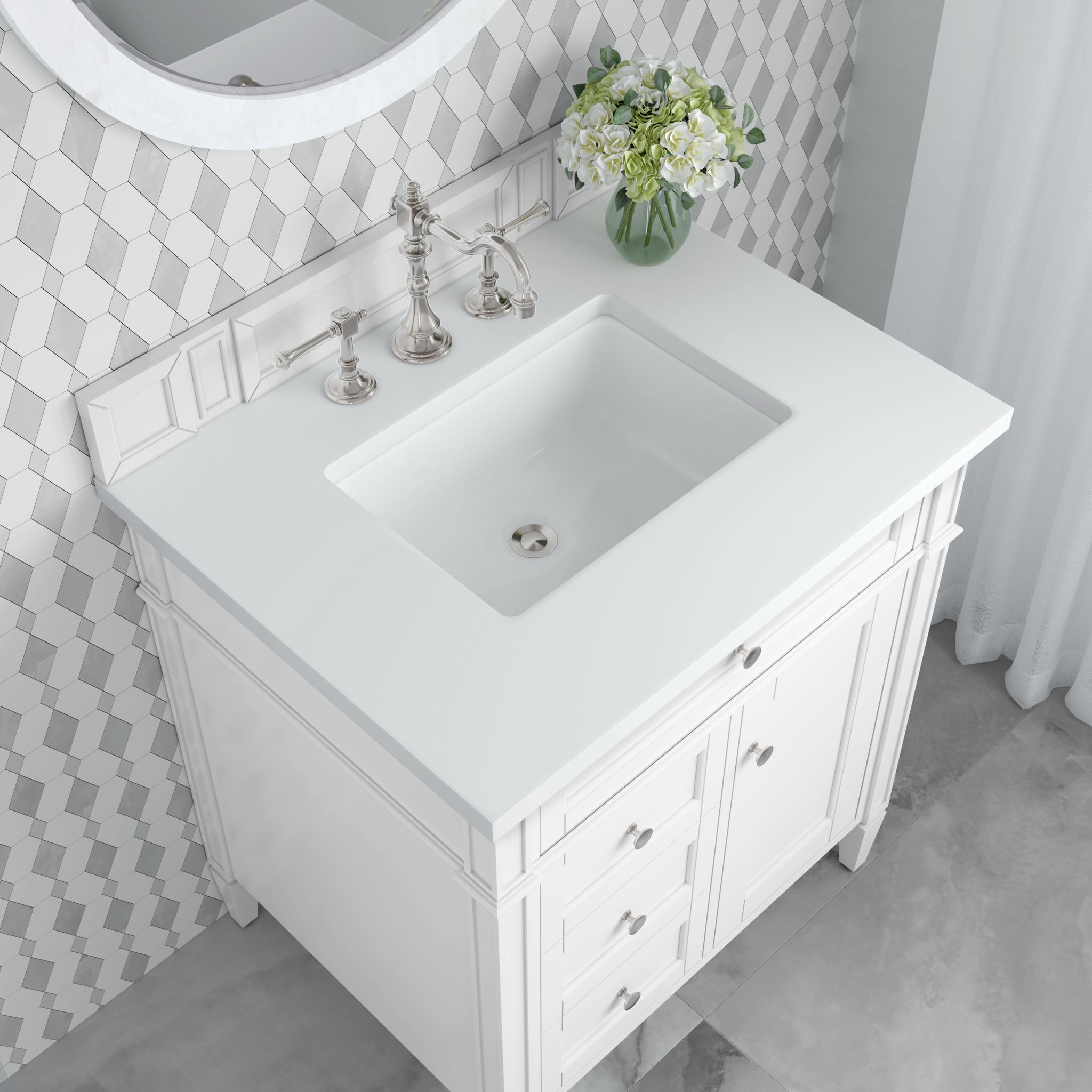 James Martin Brittany 30" Single Bathroom Vanity, Bright White with White Zeus countertop