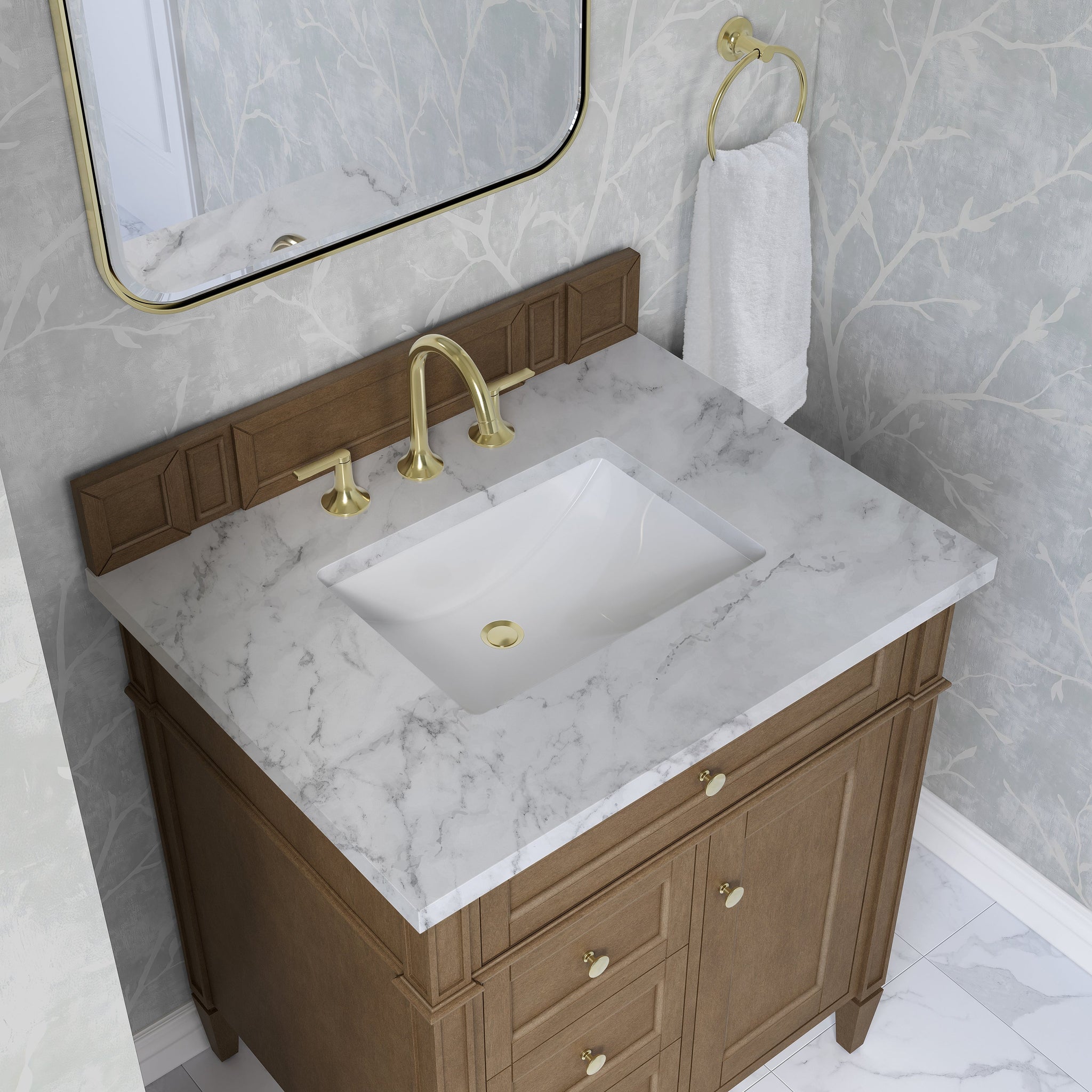 James Martin Brittany 30" Single Bathroom Vanity, Pecan with Carrara White countertop
