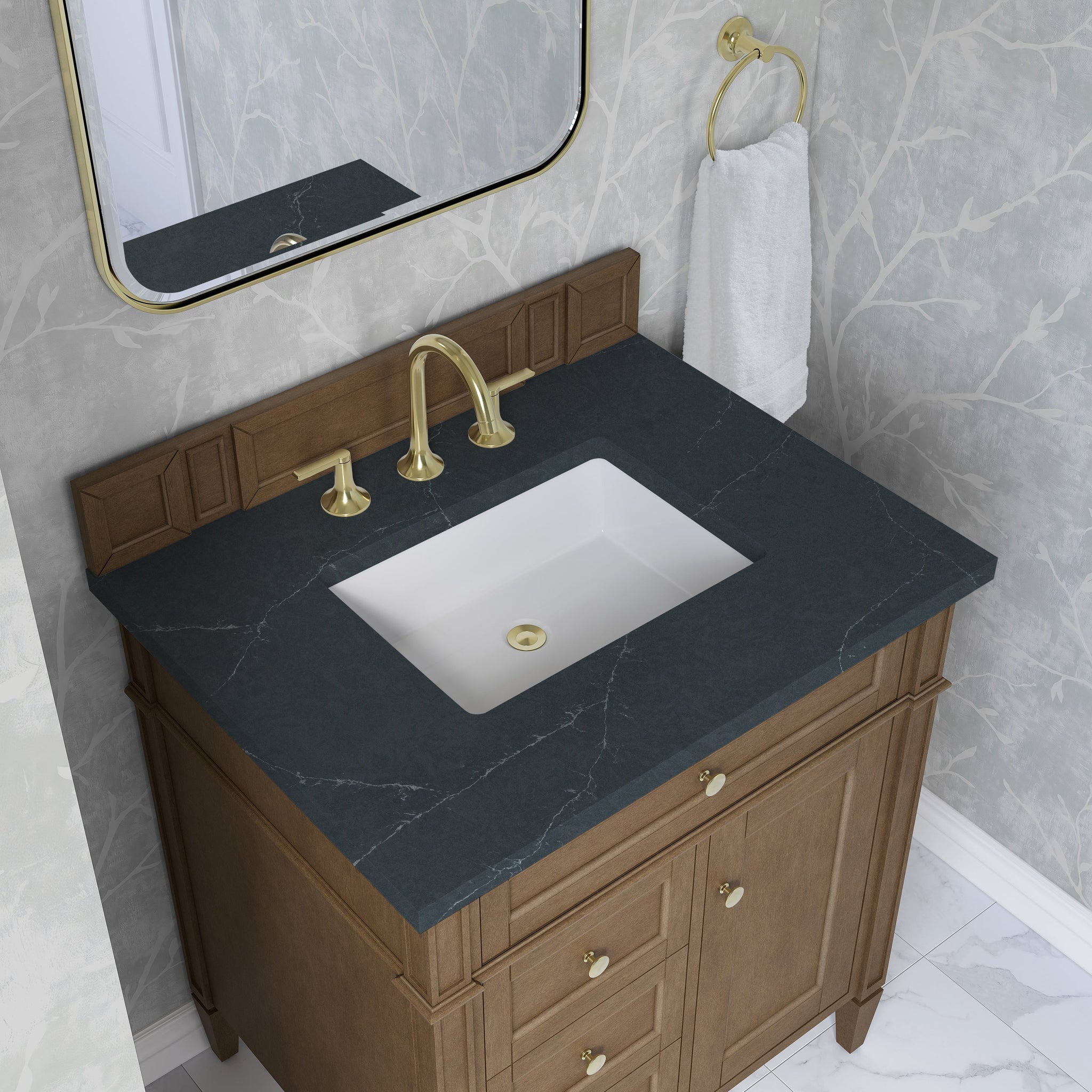 James Martin Brittany 30" Single Bathroom Vanity, Pecan with Charcoal Soapstone countertop