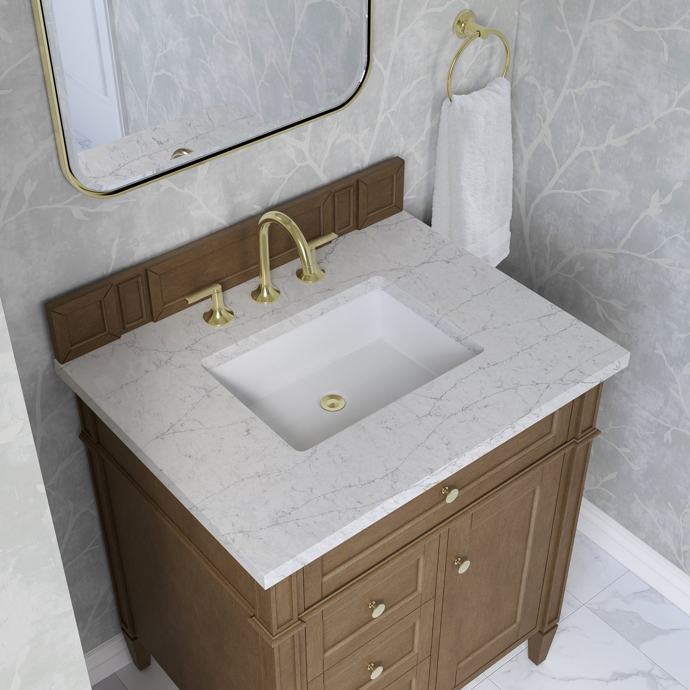 James Martin Brittany 30" Single Bathroom Vanity, Pecan with Eternal Jasmine Pearl countertop