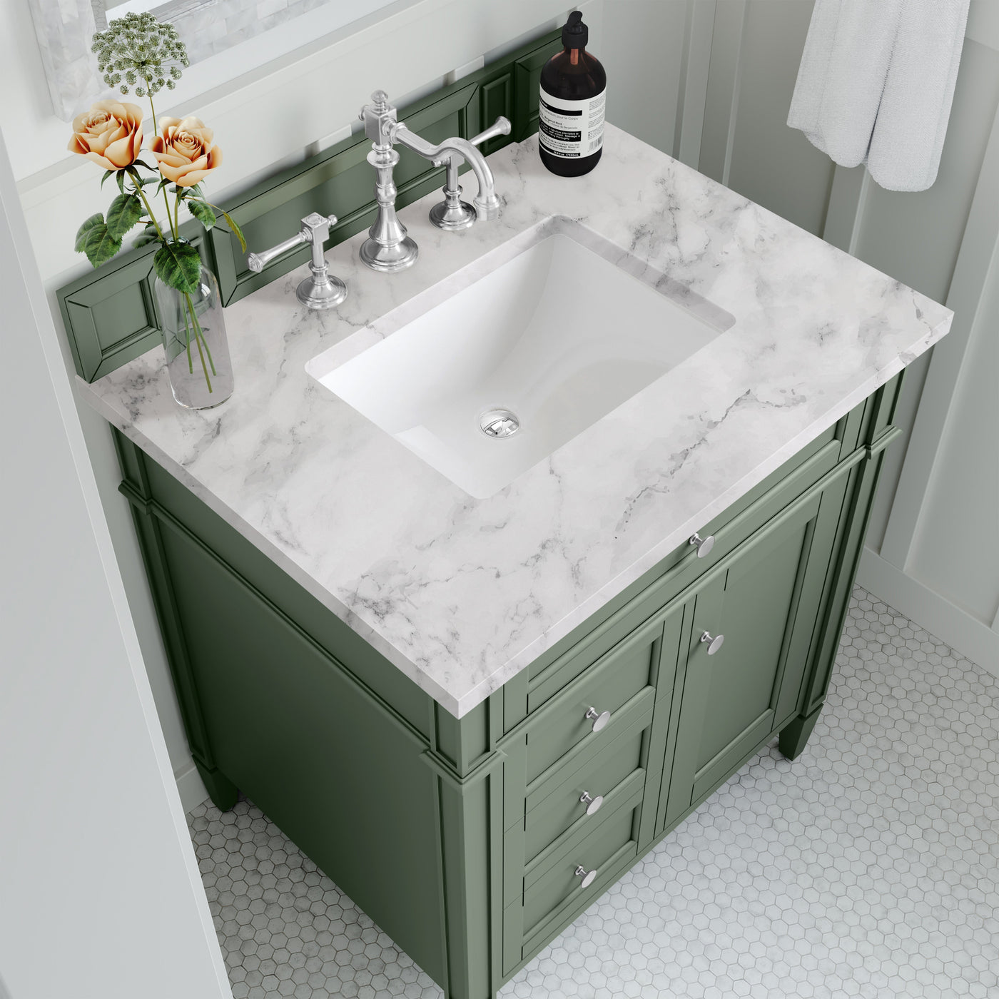 James Martin Brittany 30" Single Bathroom Vanity, Smokey Celadon with Carrara White countertop