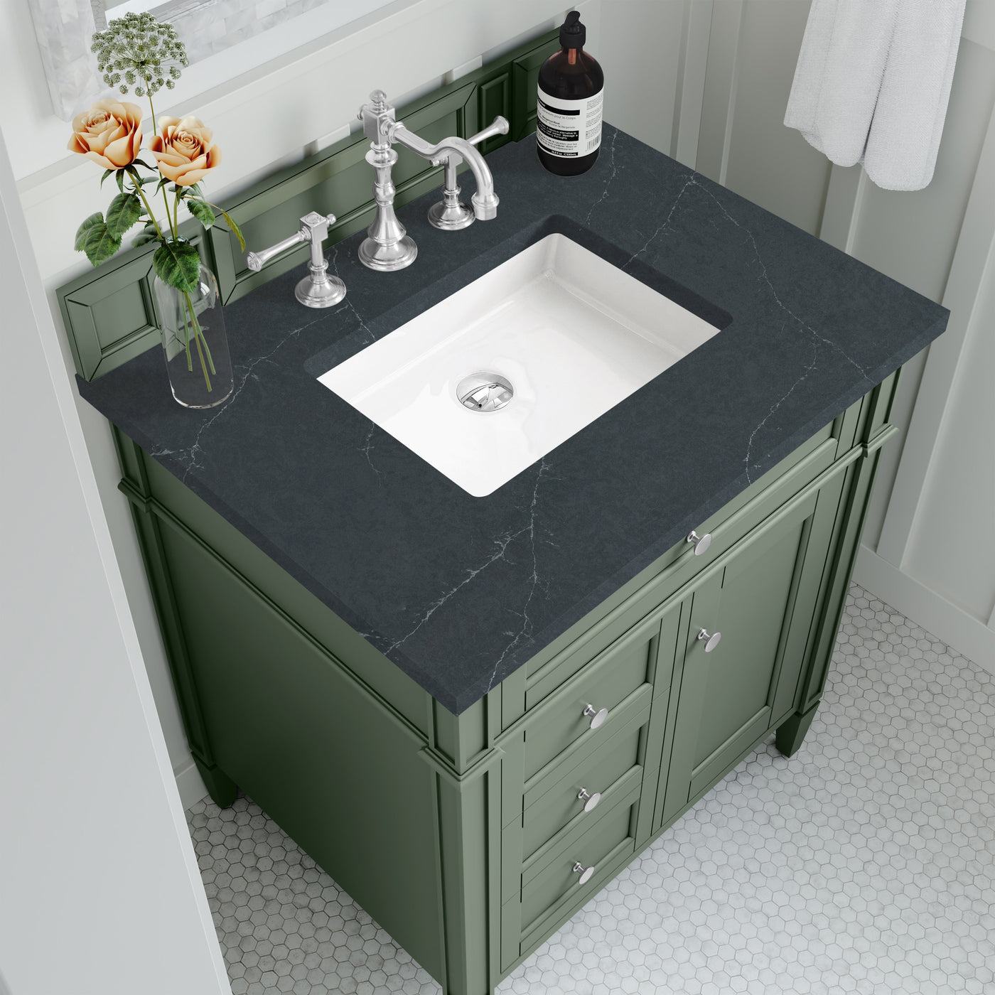 James Martin Brittany 30" Single Bathroom Vanity, Smokey Celadon with Charcoal Soapstone countertop
