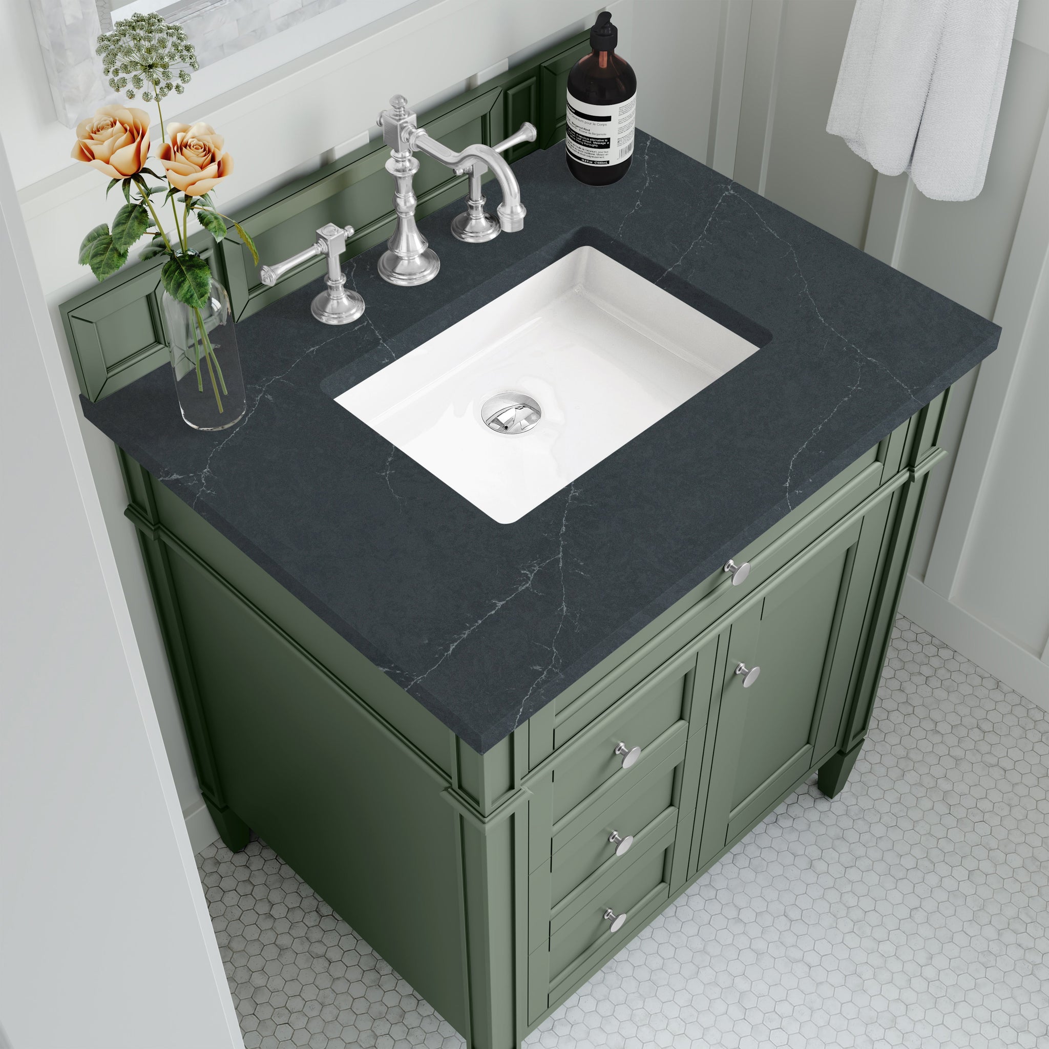 James Martin Brittany 30" Single Bathroom Vanity, Smokey Celadon with Charcoal Soapstone countertop