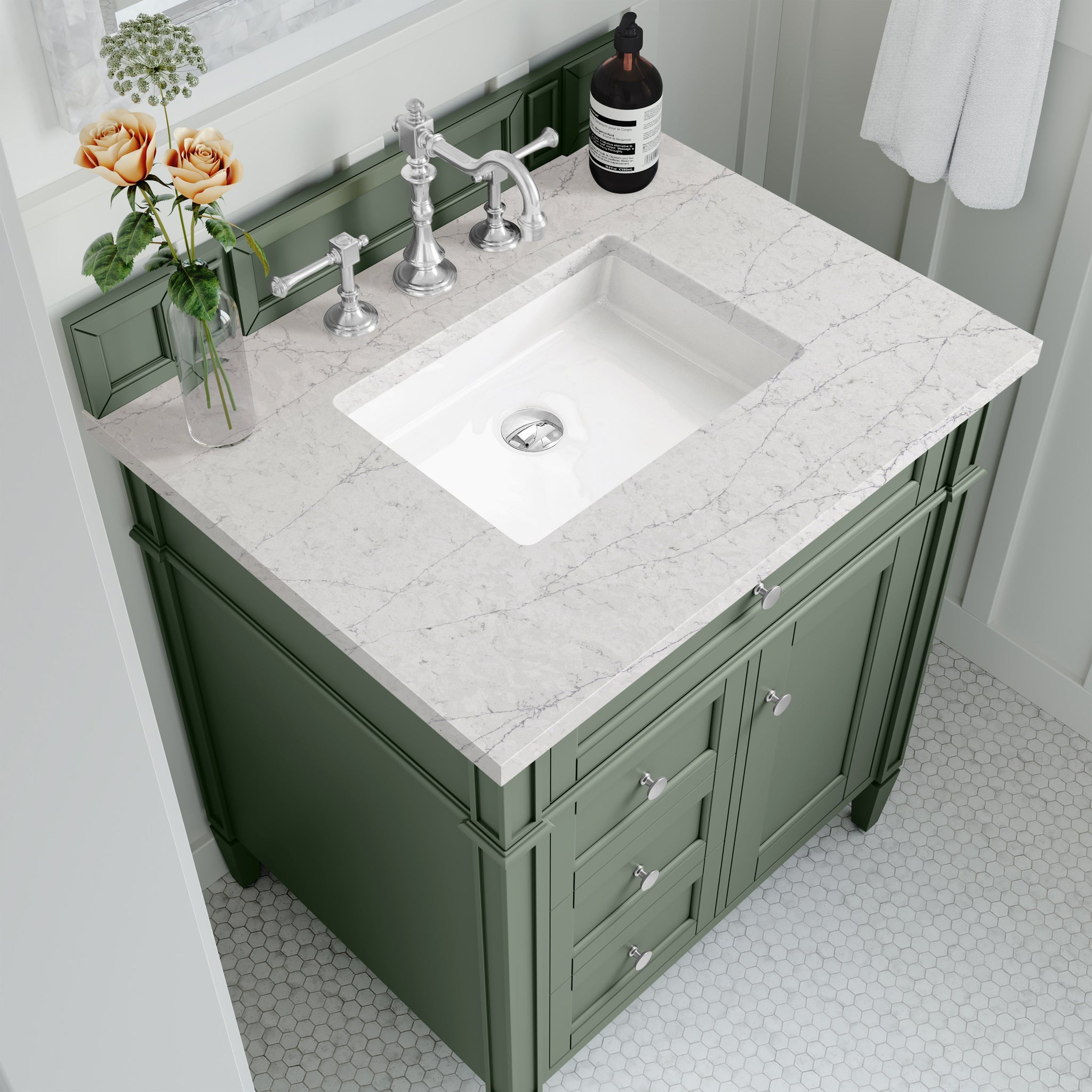 James Martin Brittany 30" Single Bathroom Vanity, Smokey Celadon with Eternal Jasmine Pearl countertop