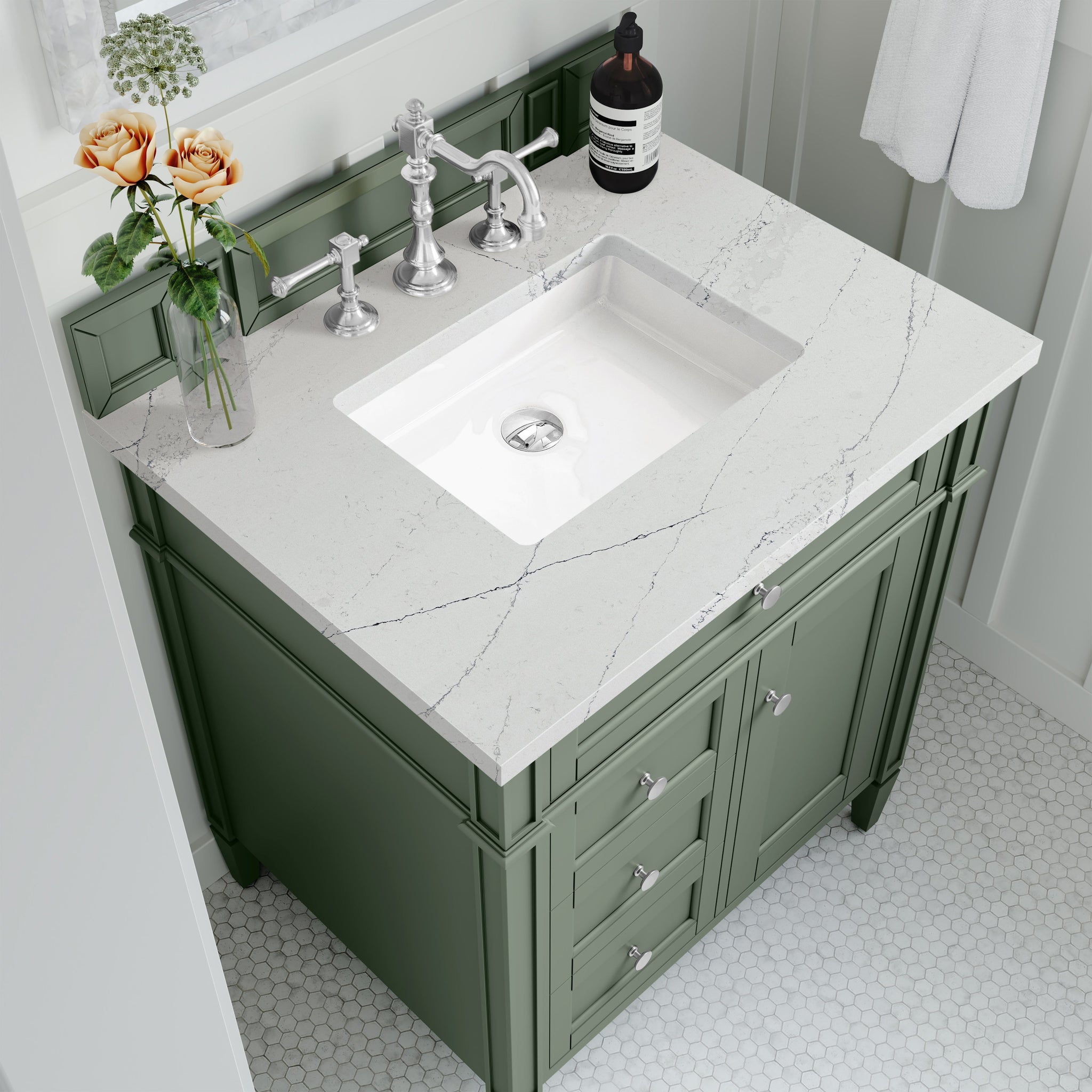 James Martin Brittany 30" Single Bathroom Vanity, Smokey Celadon with Ethereal Noctis countertop