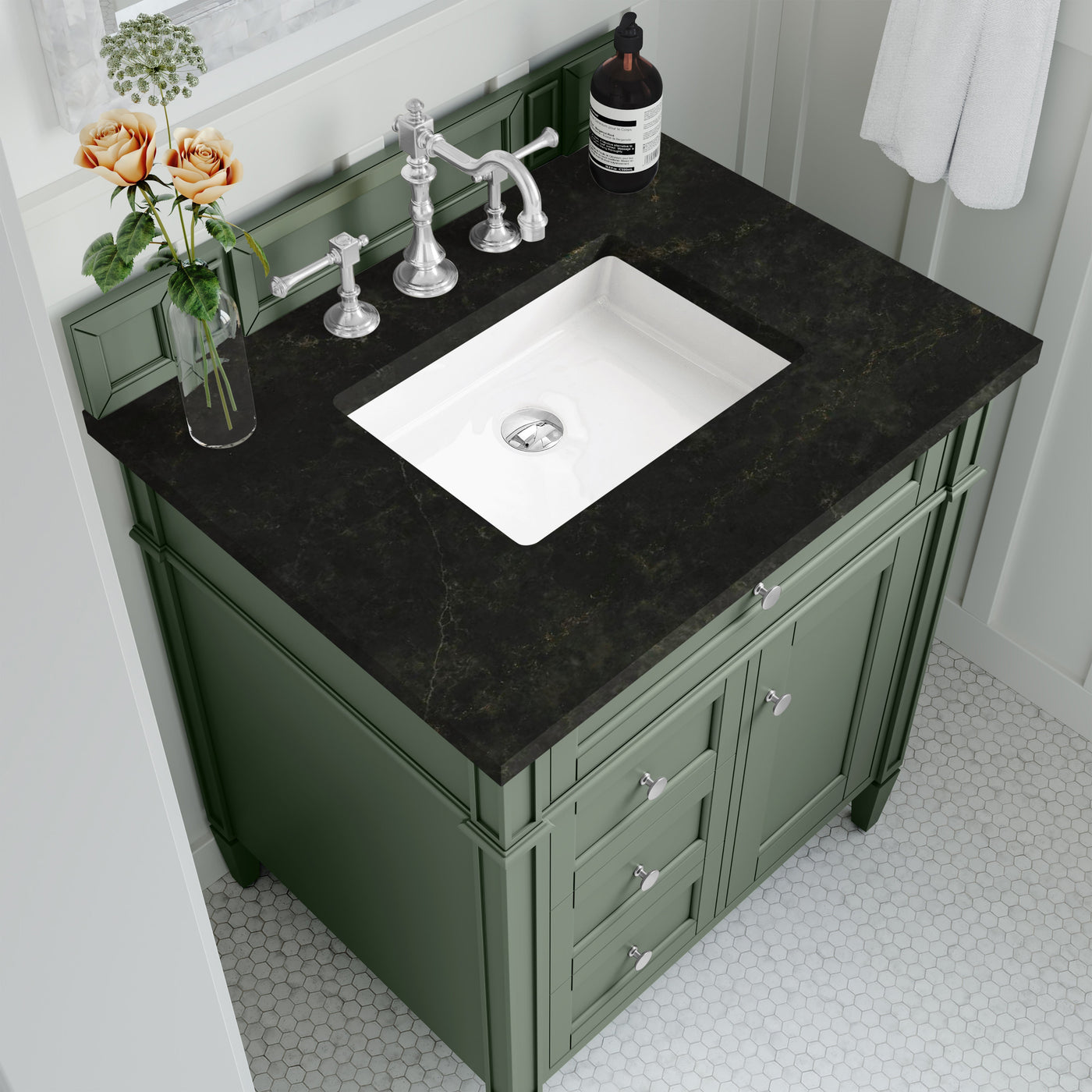 James Martin Brittany 30" Single Bathroom Vanity, Smokey Celadon with Phantome countertop