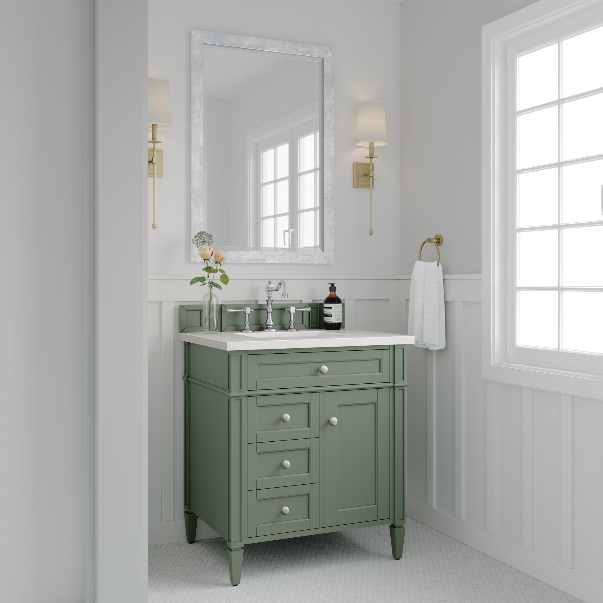 James Martin Brittany 30" Single Bathroom Vanity, Smokey Celadon, cabinet without a countertop