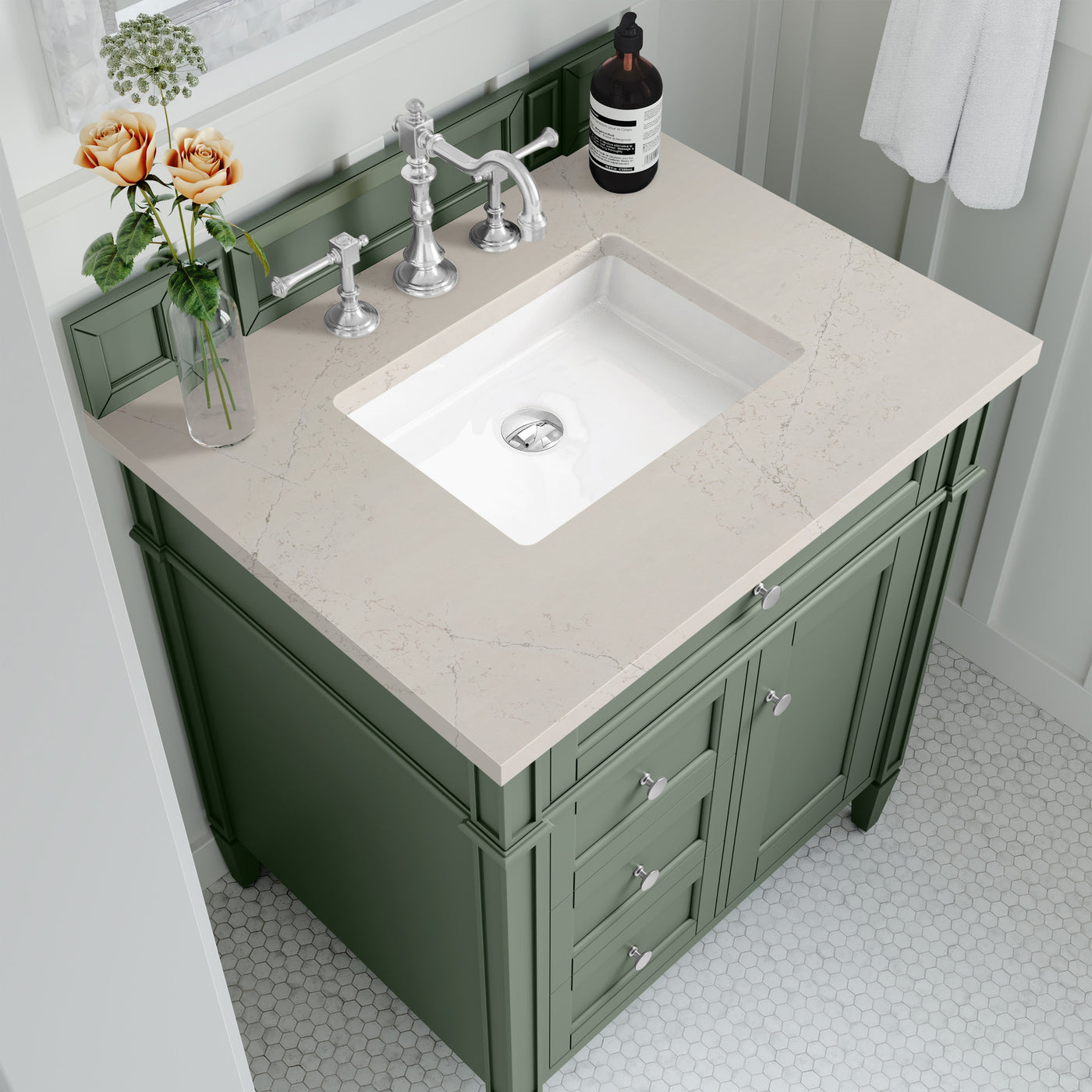 James Martin Brittany 30" Single Bathroom Vanity, Smokey Celadon with Siberian countertop