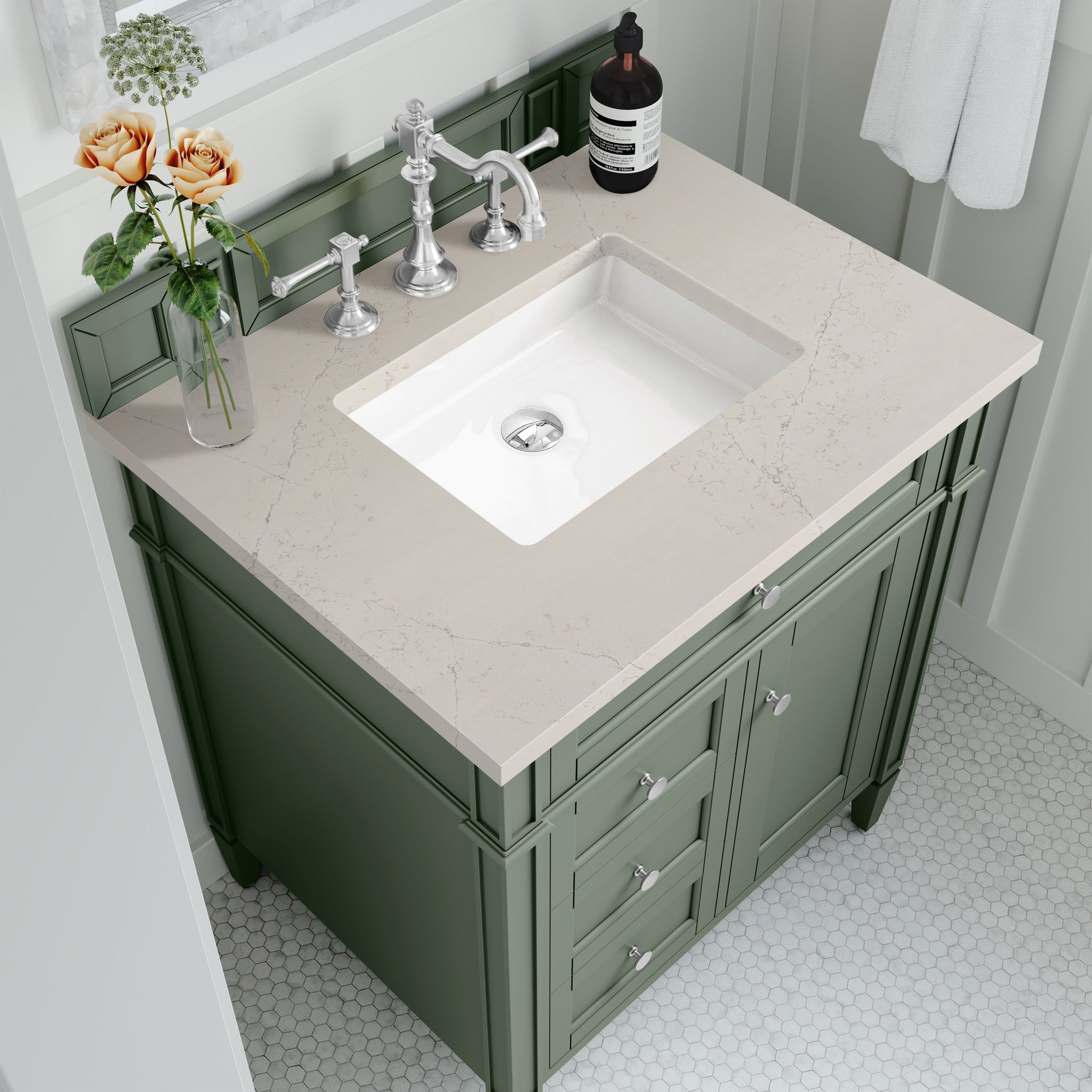 James Martin Brittany 30" Single Bathroom Vanity, Smokey Celadon with Siberian countertop