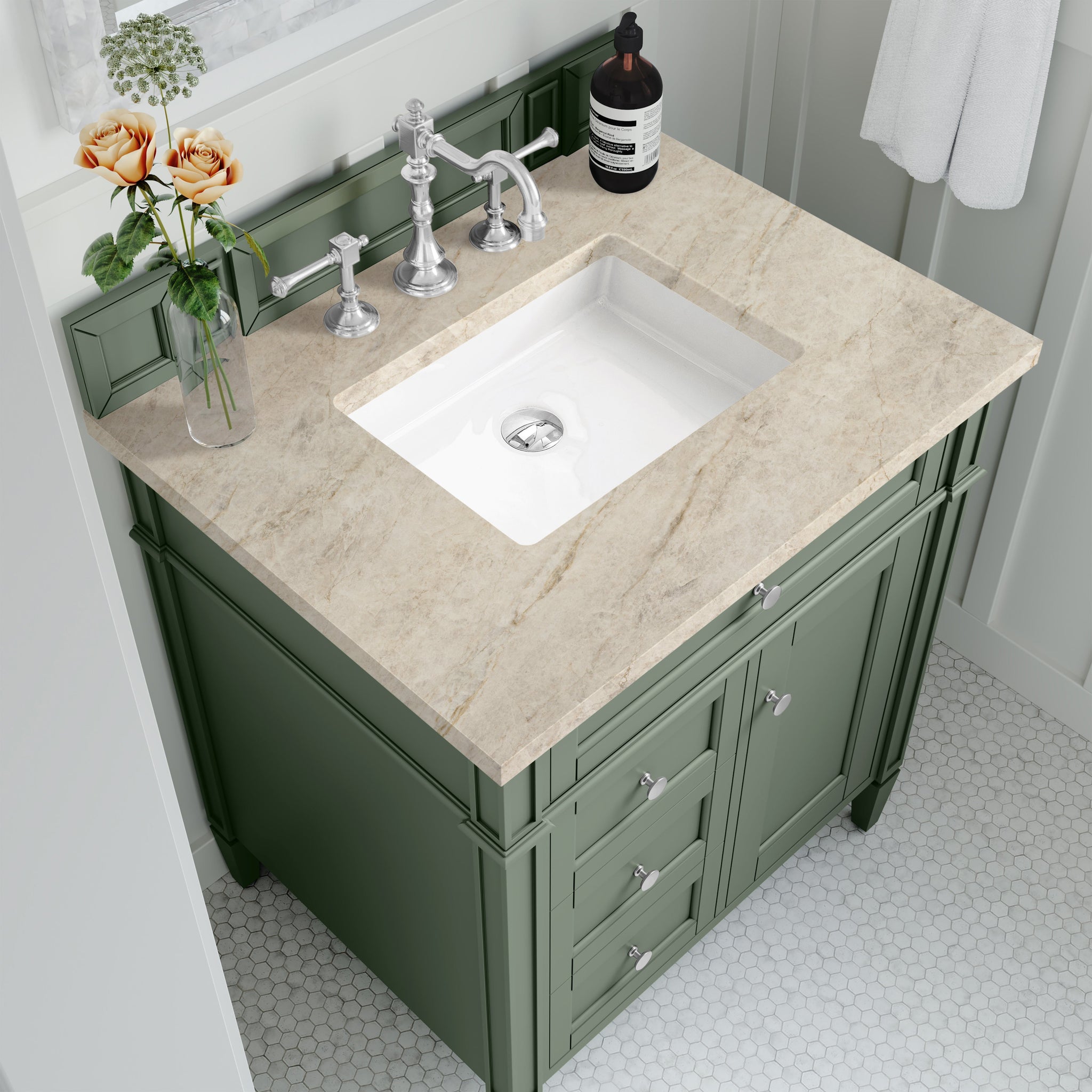 James Martin Brittany 30" Single Bathroom Vanity, Smokey Celadon with Tajnar countertop
