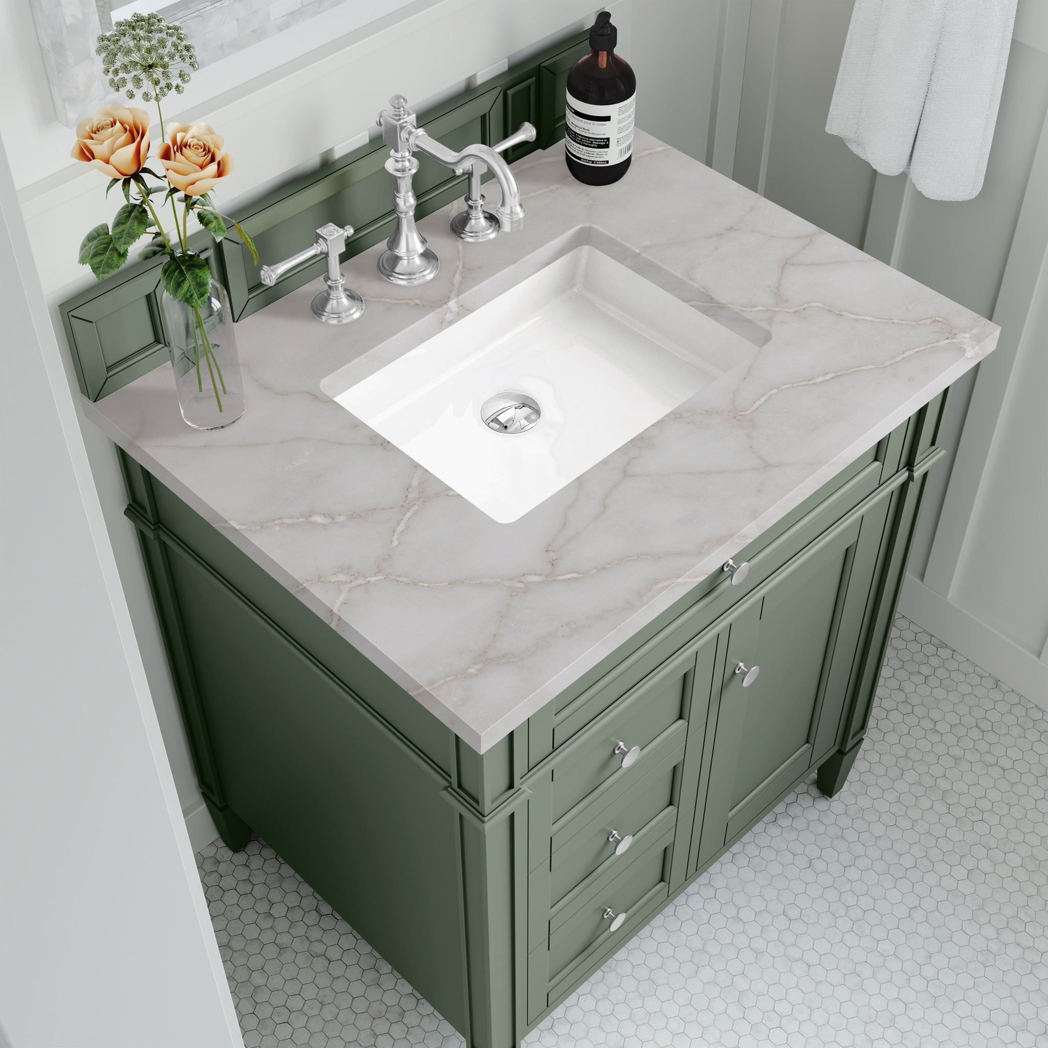 James Martin Brittany 30" Single Bathroom Vanity, Smokey Celadon with Victorian Silver countertop