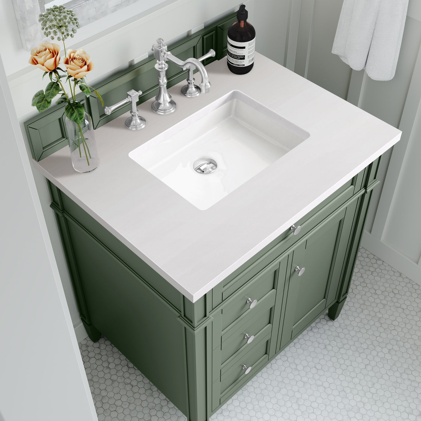 James Martin Brittany 30" Single Bathroom Vanity, Smokey Celadon with White Zeus countertop