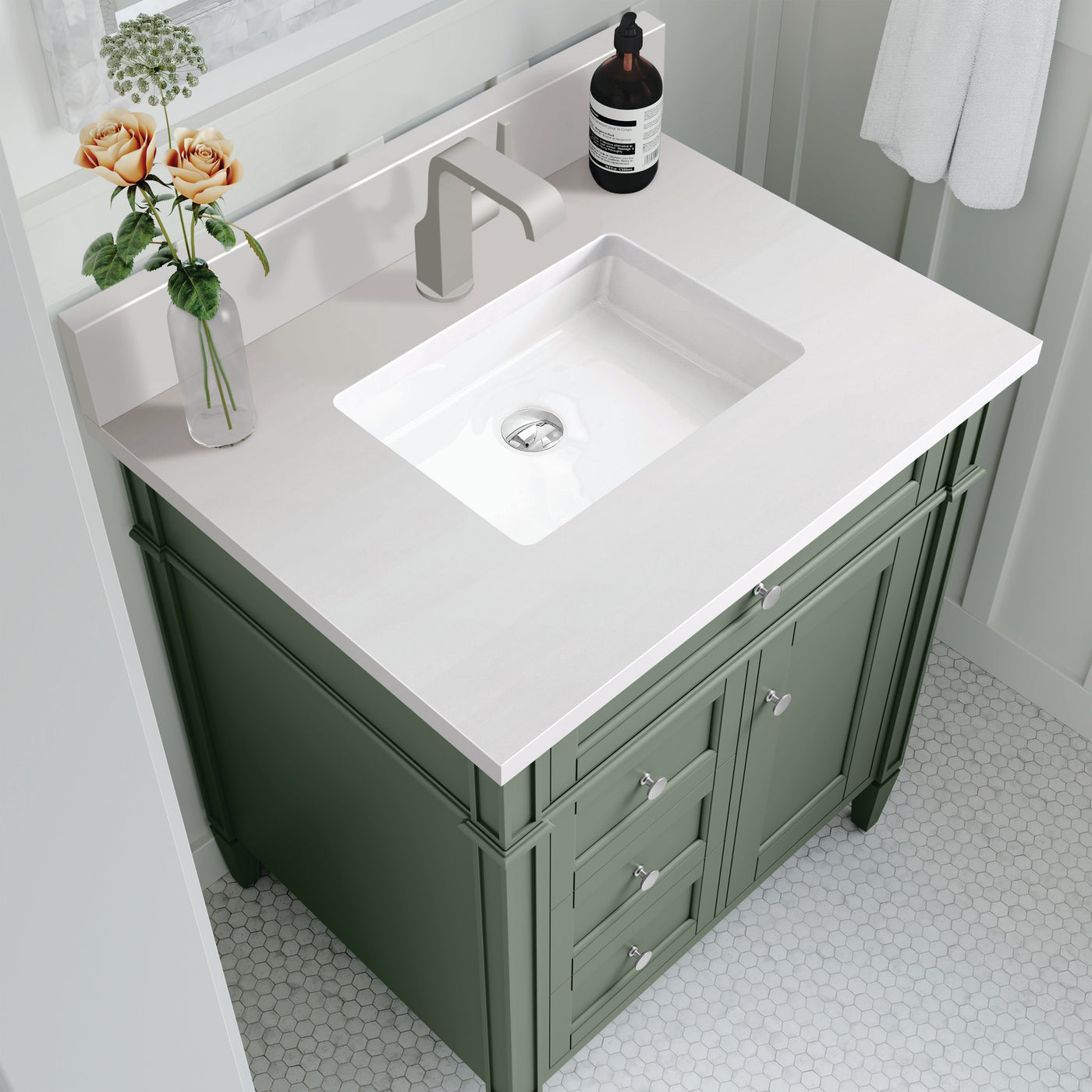 James Martin Brittany 30" Single Bathroom Vanity, Smokey Celadon with White Zeus (Single Hole, with Backsplash) countertop