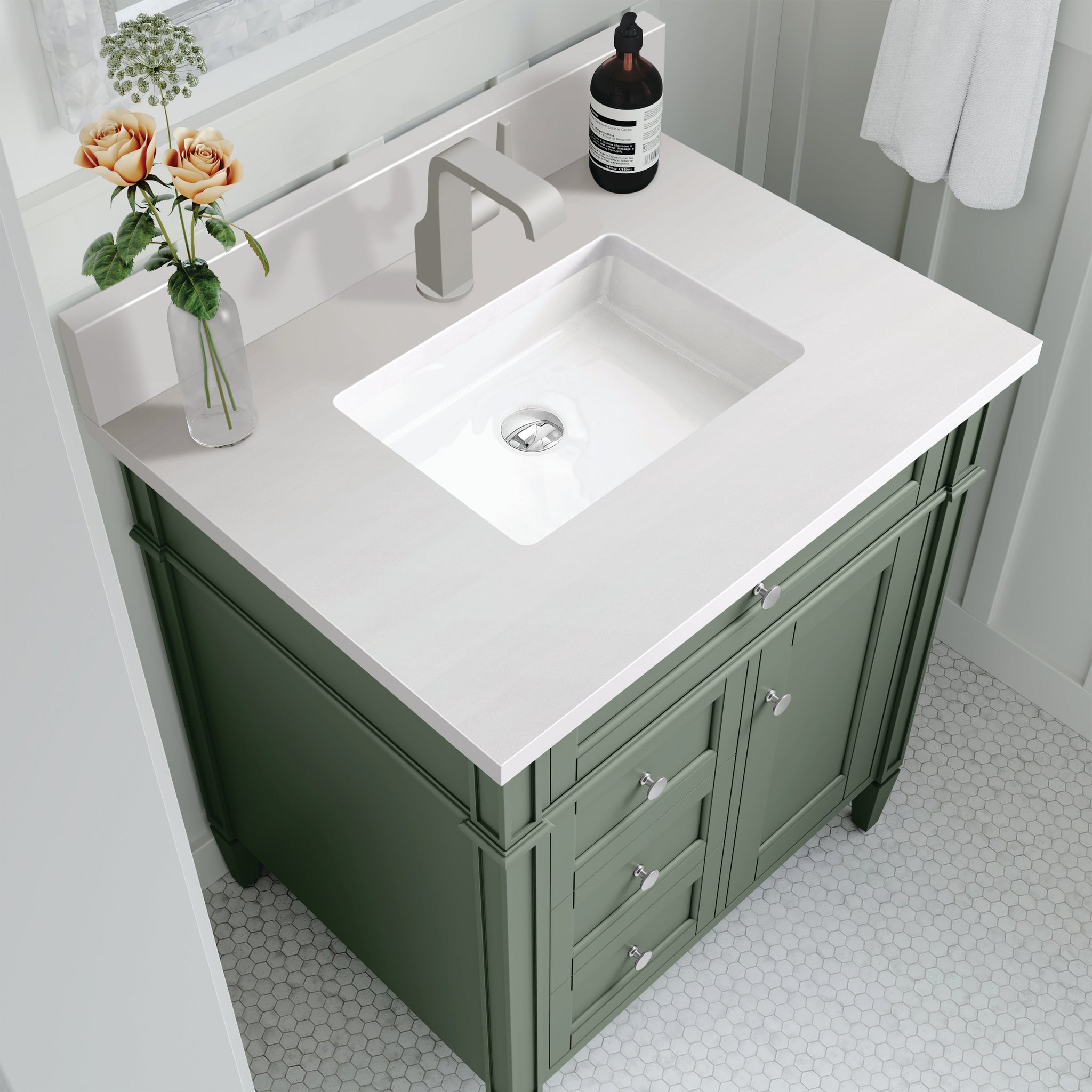 James Martin Brittany 30" Single Bathroom Vanity, Smokey Celadon with White Zeus (Single Hole, with Backsplash) countertop
