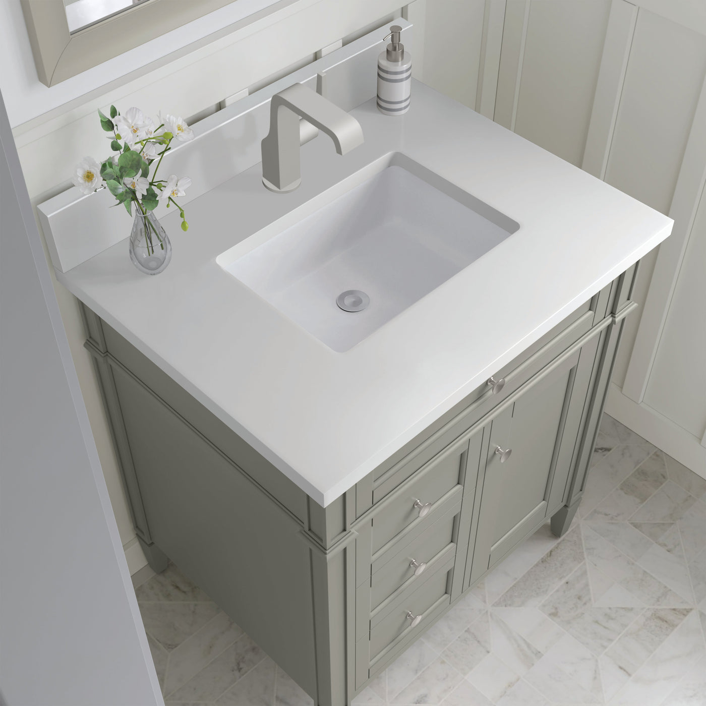 James Martin Brittany 30" Single Bathroom Vanity, Urban Gray with White Zeus (Single Hole, with Backsplash) countertop