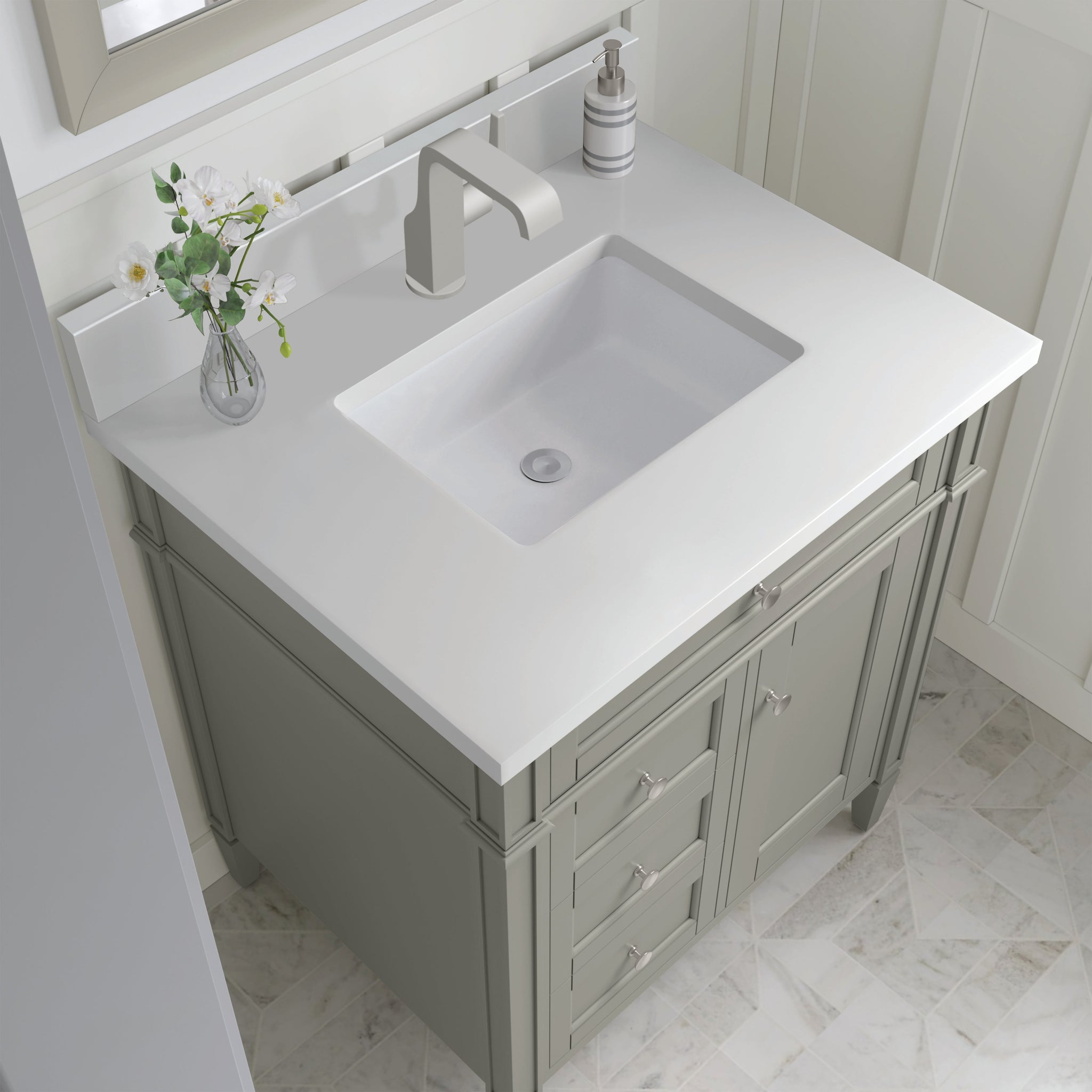 James Martin Brittany 30" Single Bathroom Vanity, Urban Gray with White Zeus (Single Hole, with Backsplash) countertop
