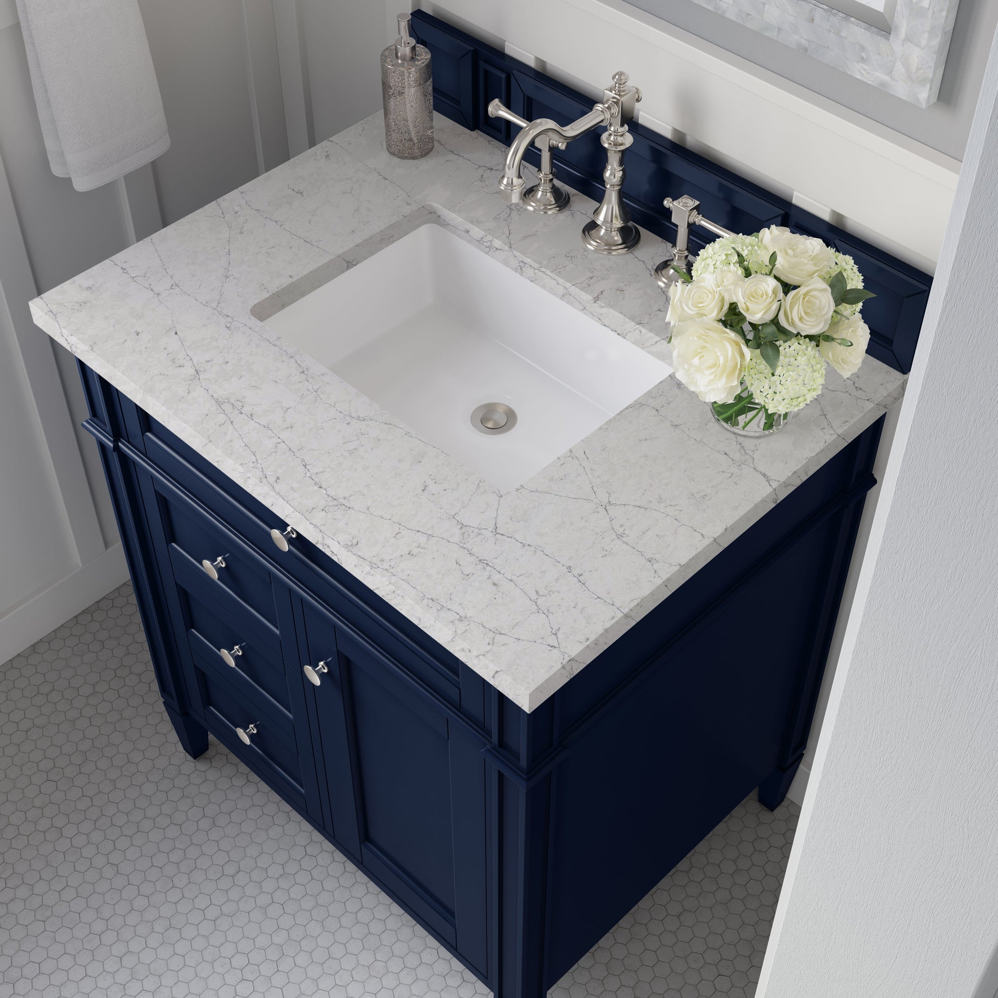 James Martin Brittany 30" Single Bathroom Vanity, Victory Blue with Eternal Jasmine Pearl countertop