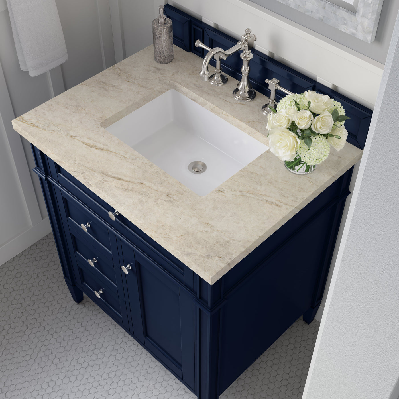 James Martin Brittany 30" Single Bathroom Vanity, Victory Blue with Tajnar countertop