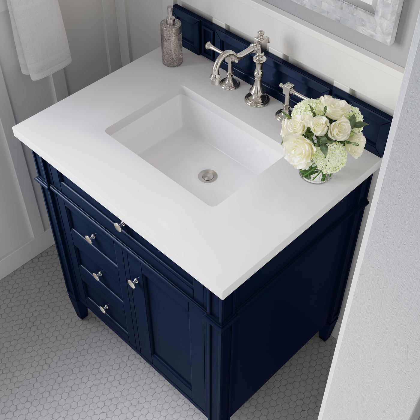 James Martin Brittany 30" Single Bathroom Vanity, Victory Blue with White Zeus countertop