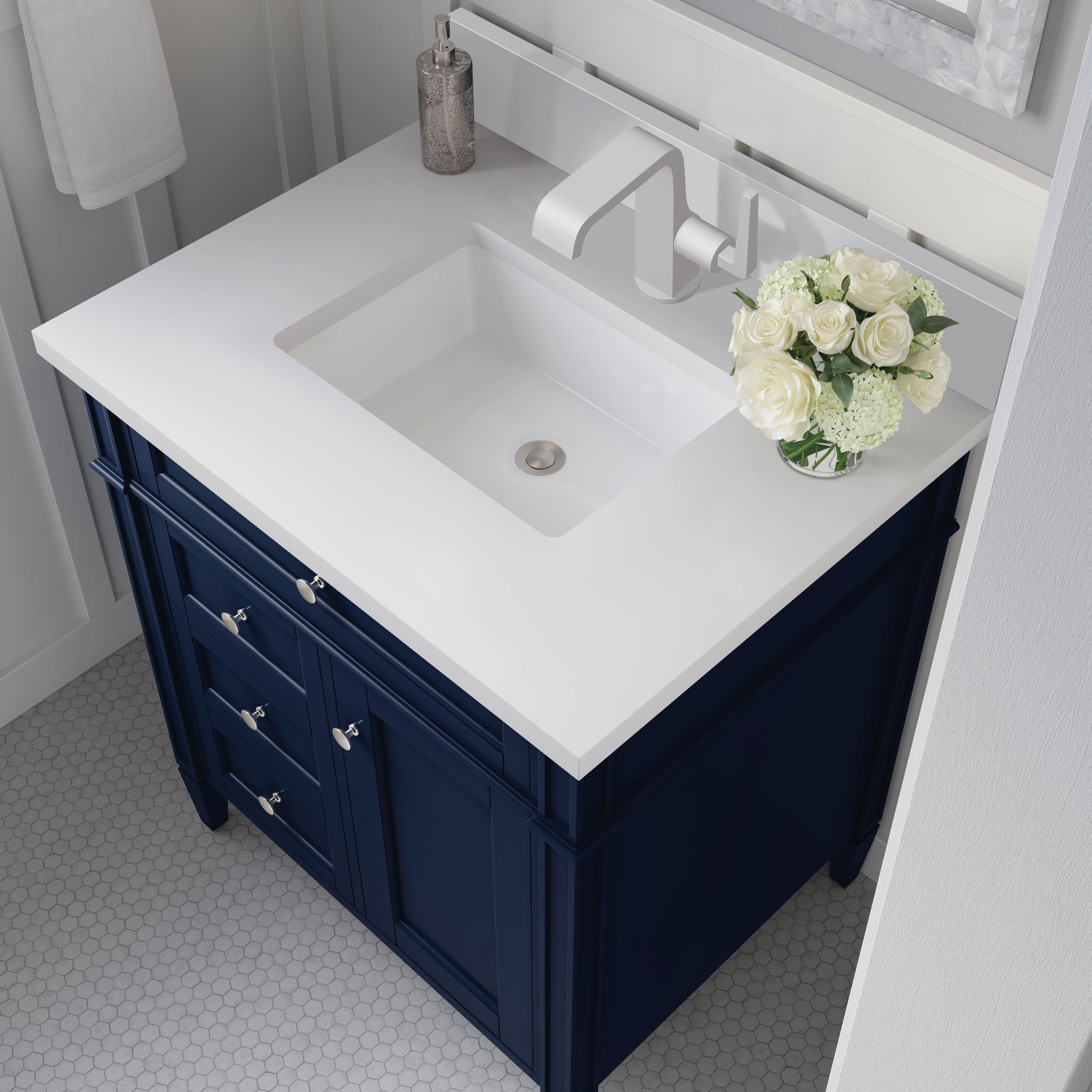 James Martin Brittany 30" Single Bathroom Vanity, Victory Blue with White Zeus (Single Hole, with Backsplash) countertop