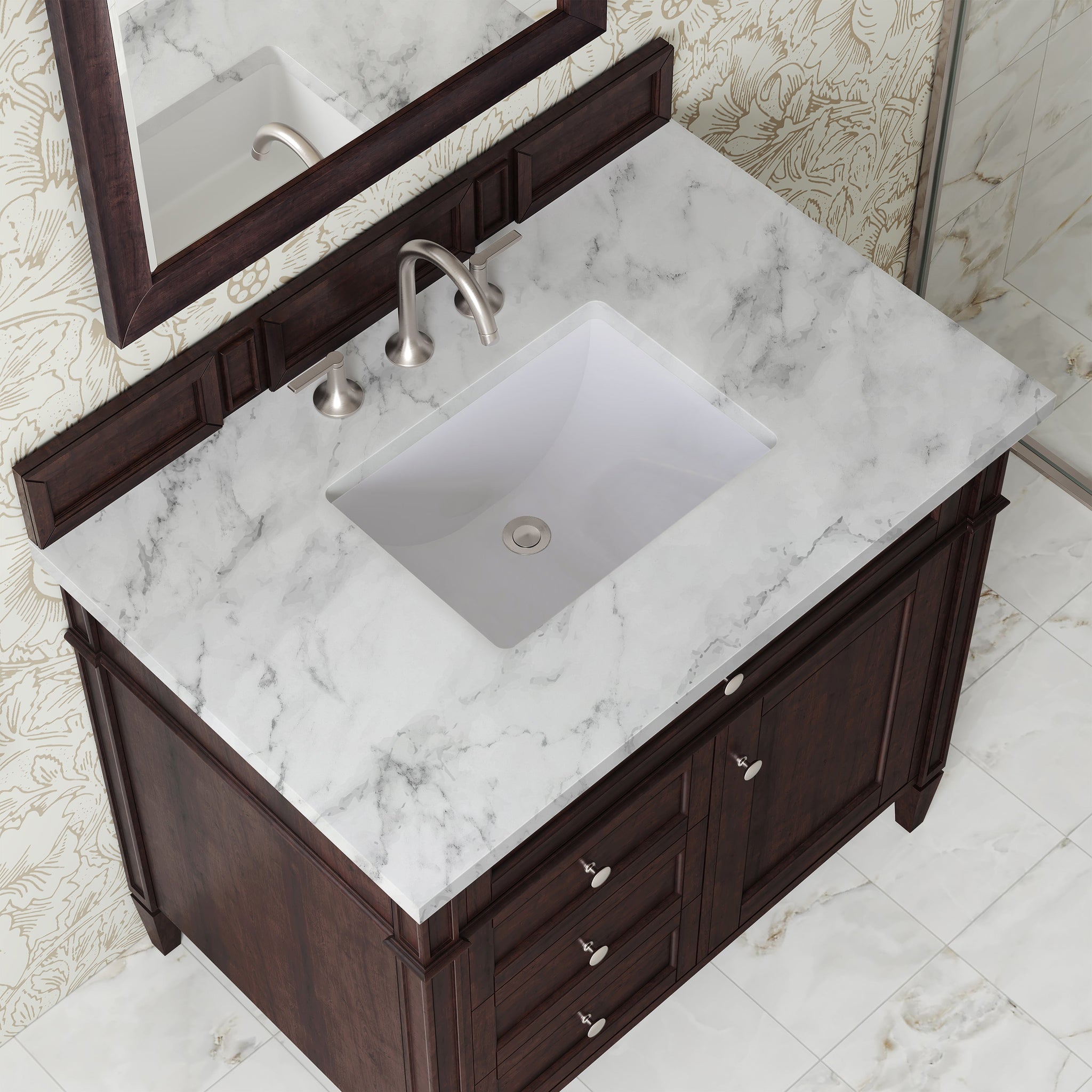 James Martin Brittany 36" Single Bathroom Vanity, Burnished Mahogany with Carrara White countertop