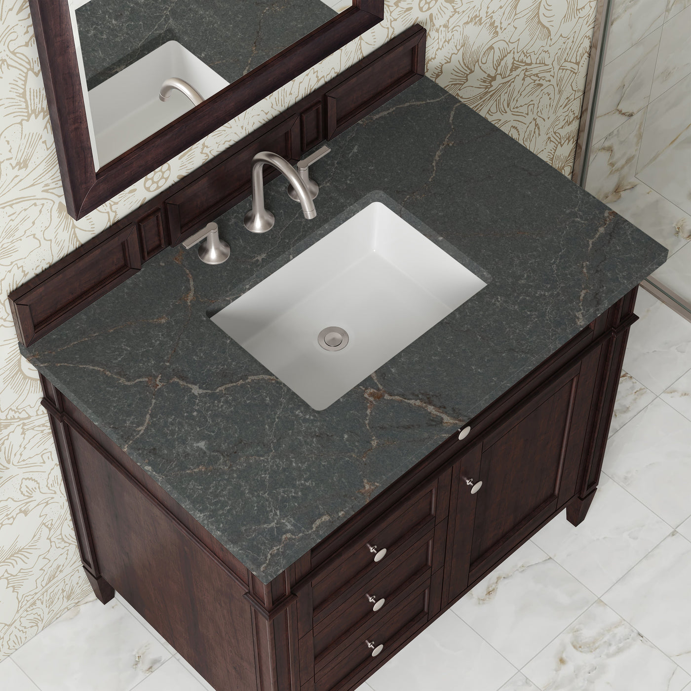 James Martin Brittany 36" Single Bathroom Vanity, Burnished Mahogany with Parisien Bleu countertop