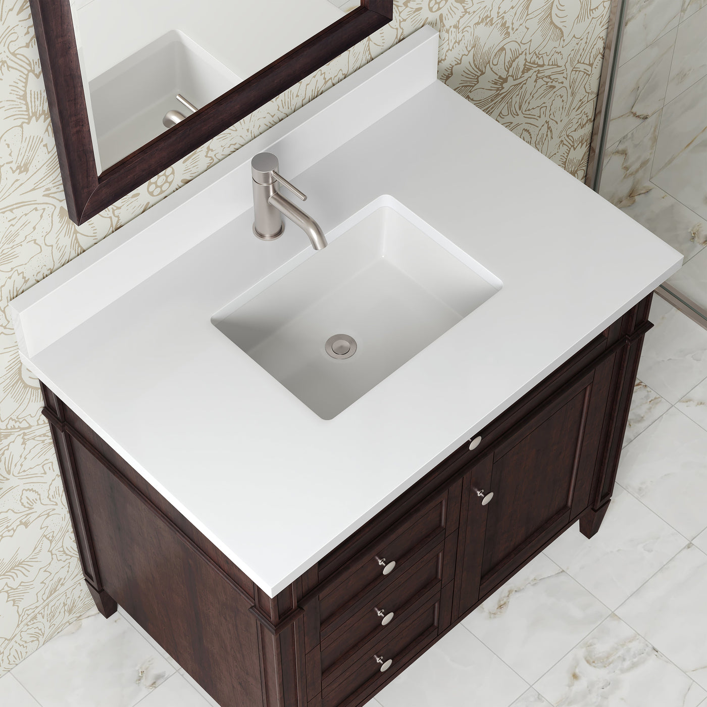 James Martin Brittany 36" Single Bathroom Vanity, Burnished Mahogany with White Zeus (Single Hole, with Backsplash) countertop