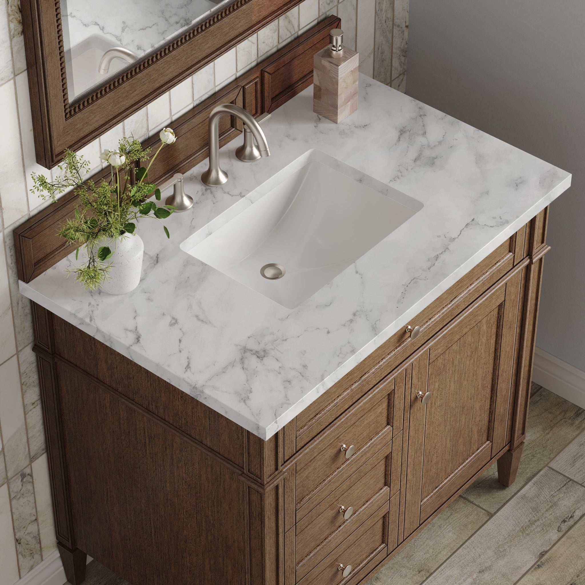 James Martin Brittany 36" Single Bathroom Vanity, Saddle Brown with Carrara White countertop