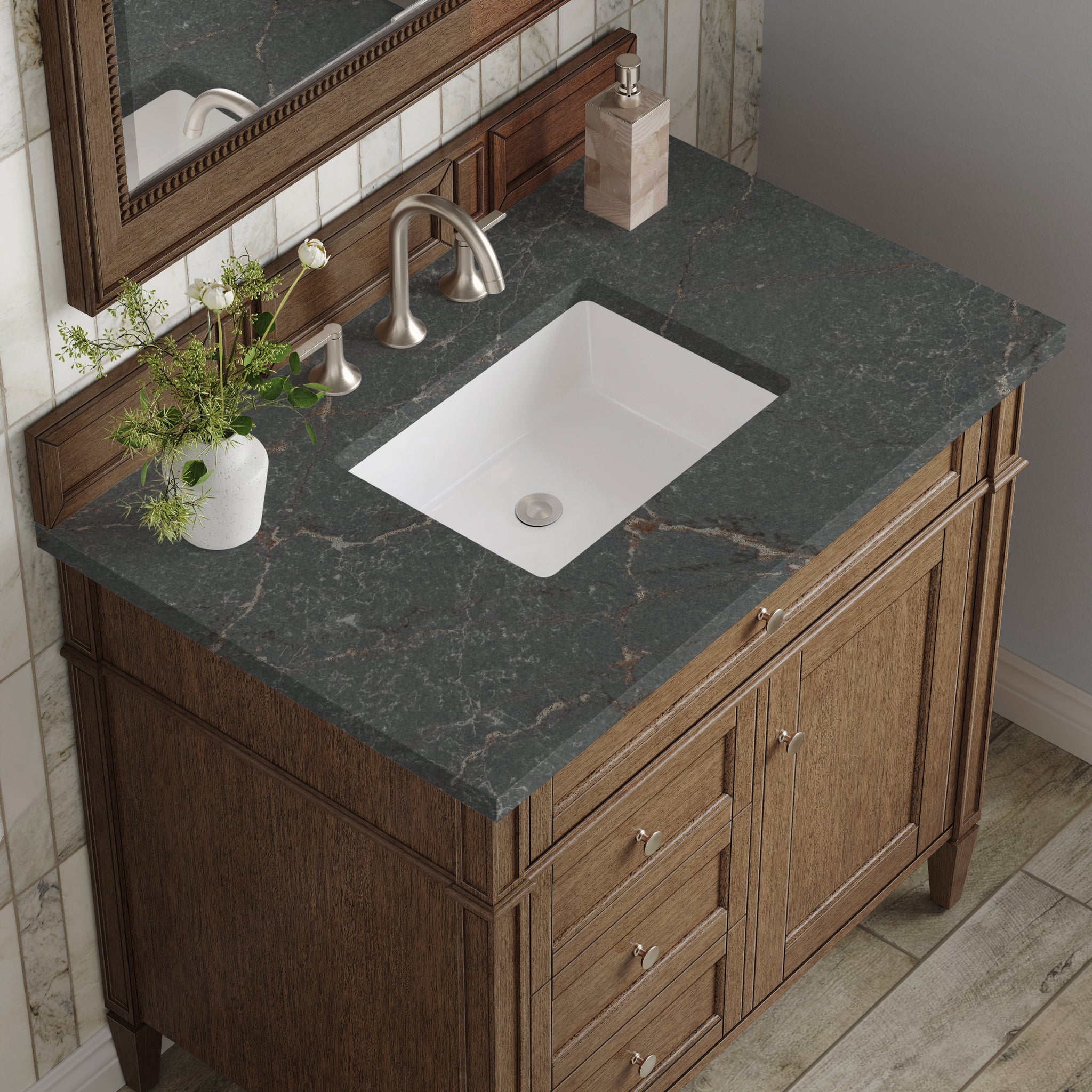 James Martin Brittany 36" Single Bathroom Vanity, Saddle Brown with Parisien Bleu countertop