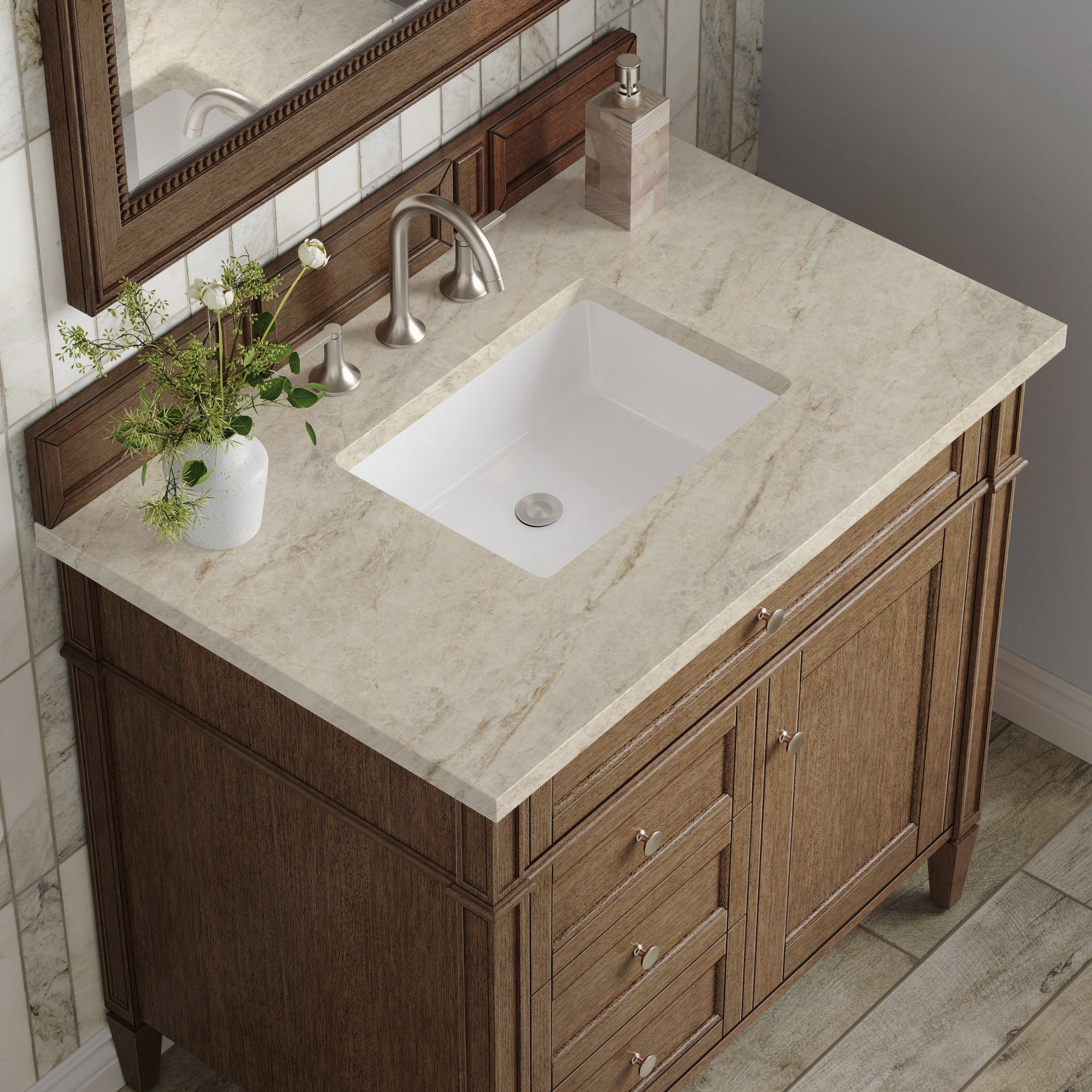 James Martin Brittany 36" Single Bathroom Vanity, Saddle Brown with Tajnar countertop