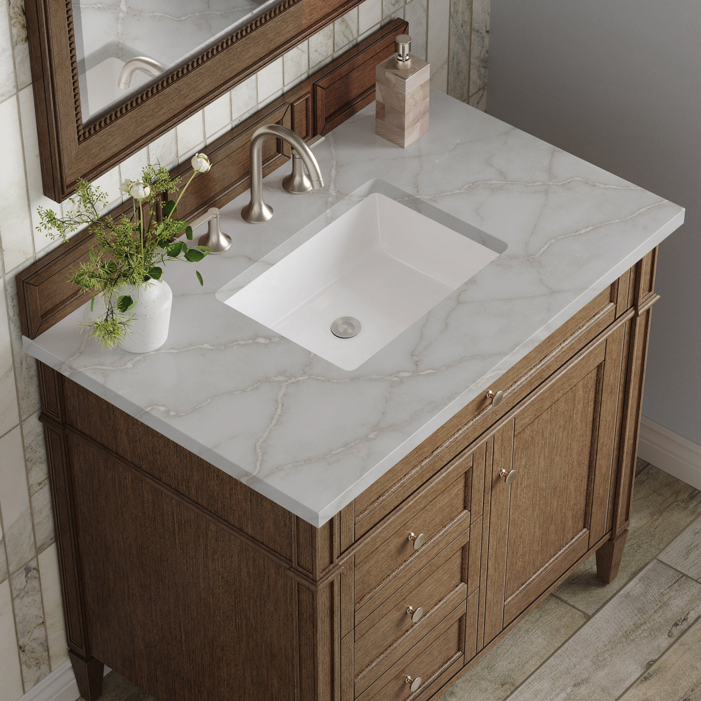 James Martin Brittany 36" Single Bathroom Vanity, Saddle Brown with Victorian Silver countertop