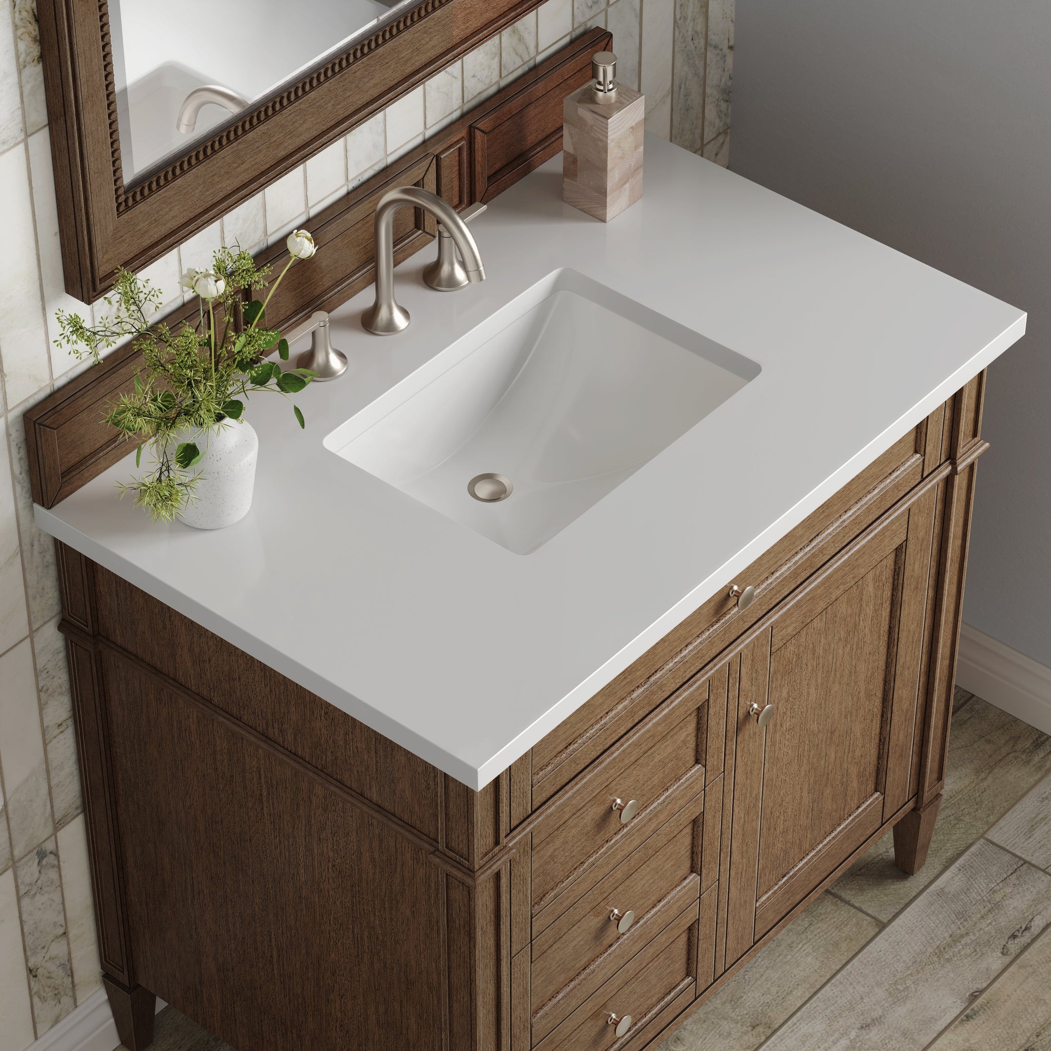 James Martin Brittany 36" Single Bathroom Vanity, Saddle Brown with White Zeus countertop