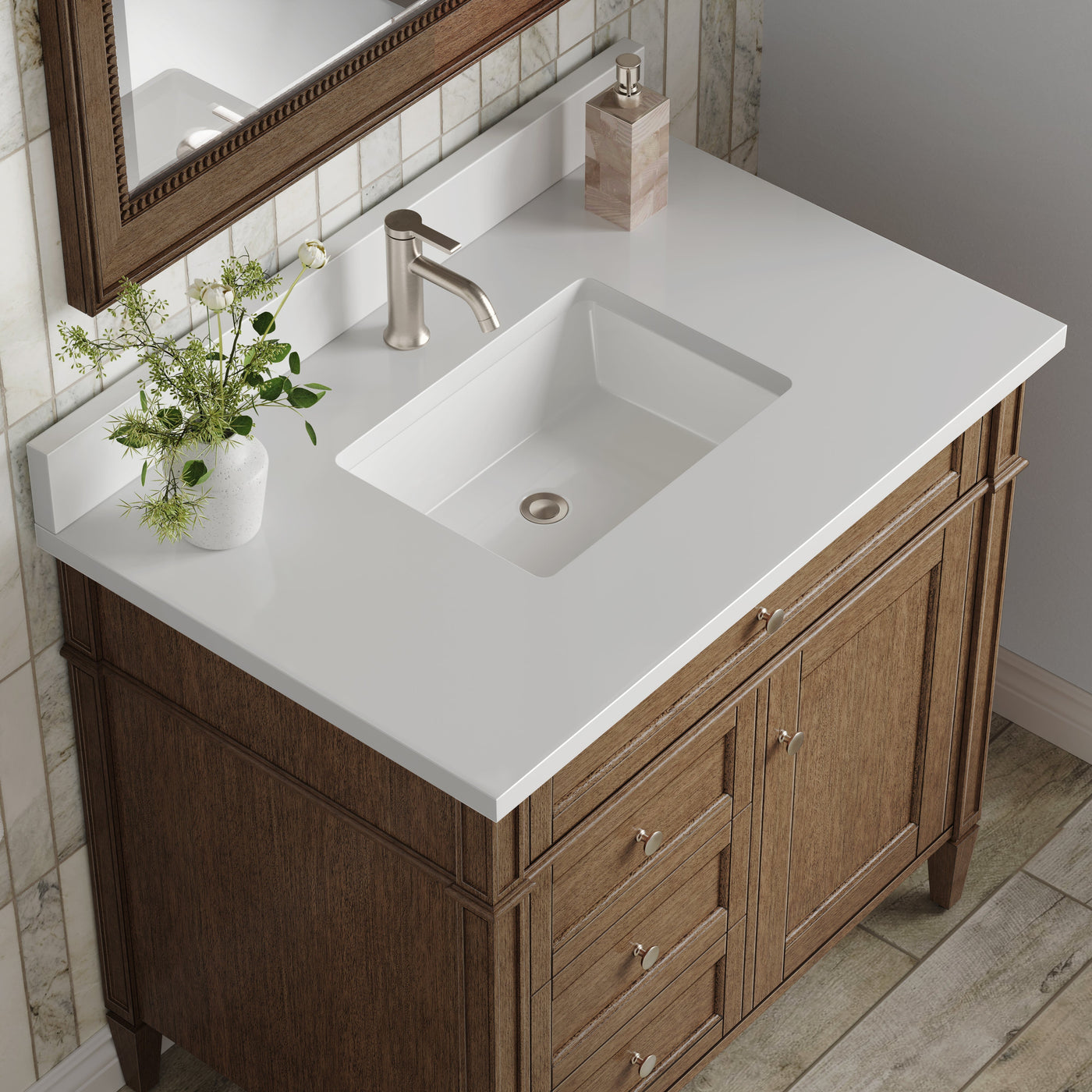 James Martin Brittany 36" Single Bathroom Vanity, Saddle Brown with White Zeus (Single Hole, with Backsplash) countertop