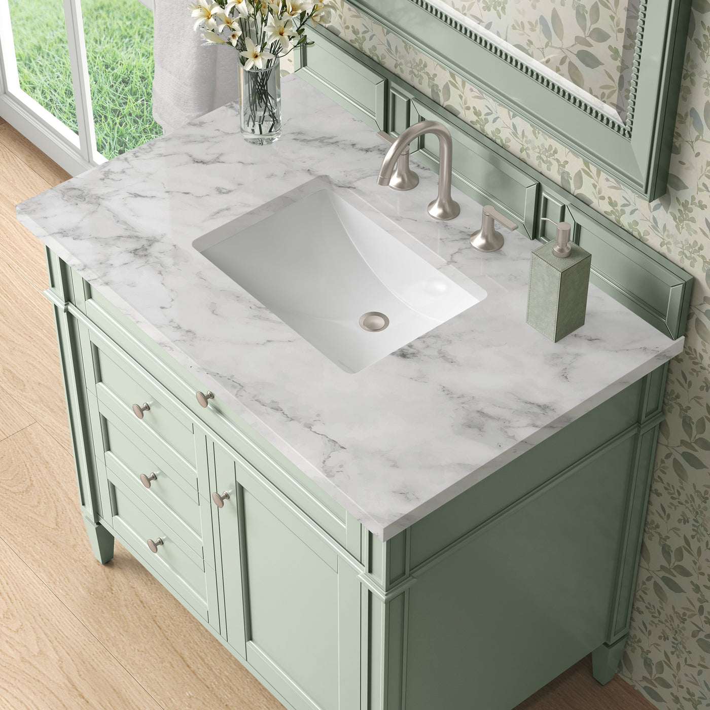 James Martin Brittany 36" Single Bathroom Vanity, Sage Green with Carrara White countertop