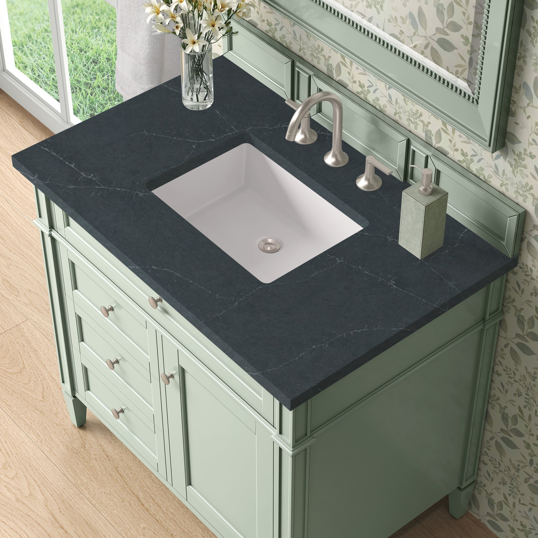 James Martin Brittany 36" Single Bathroom Vanity, Sage Green with Charcoal Soapstone countertop