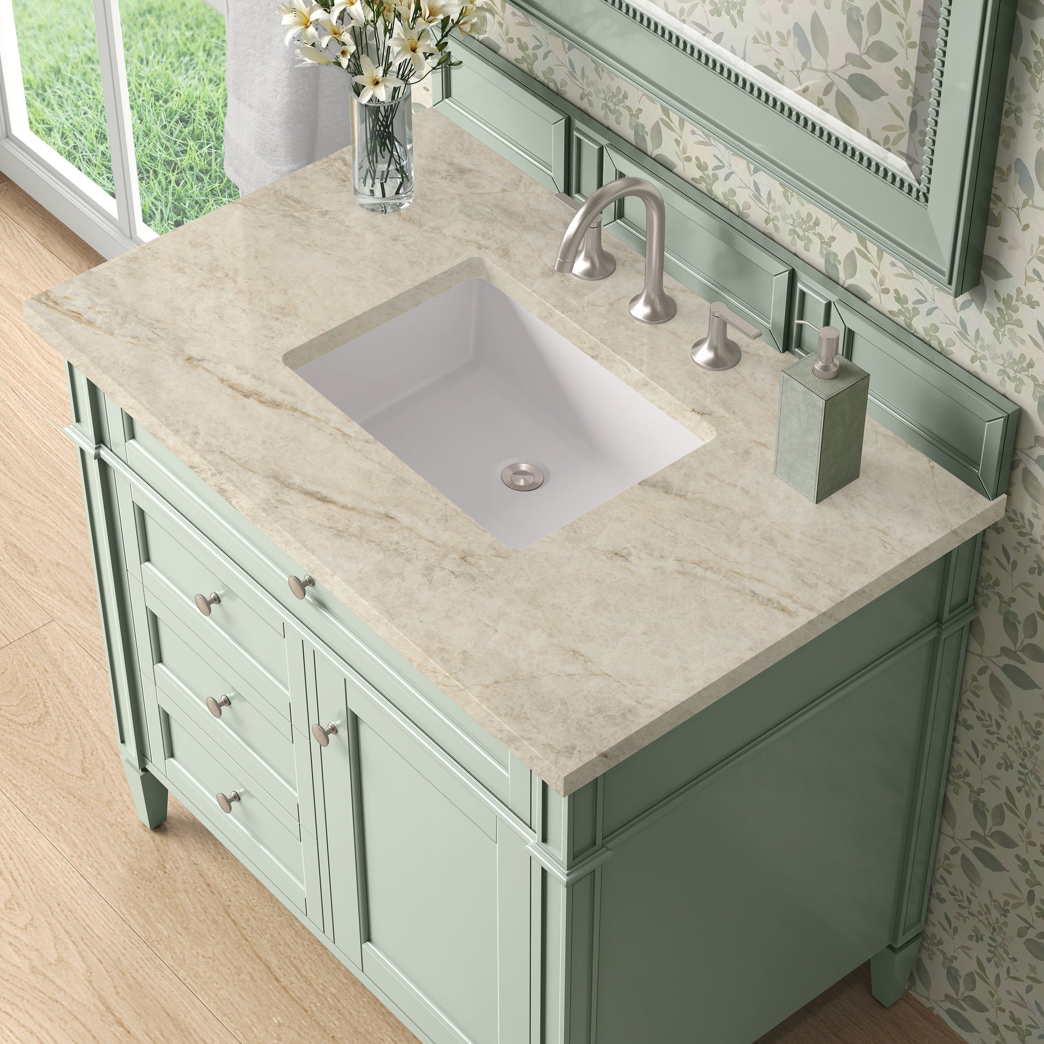 James Martin Brittany 36" Single Bathroom Vanity, Sage Green with Tajnar countertop