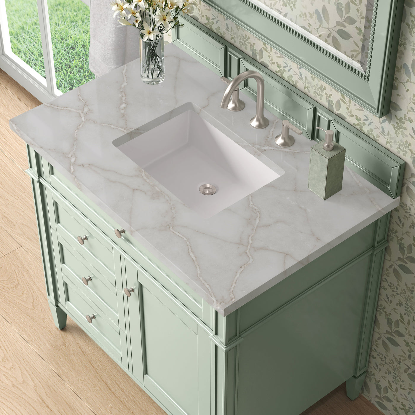 James Martin Brittany 36" Single Bathroom Vanity, Sage Green with Victorian Silver countertop