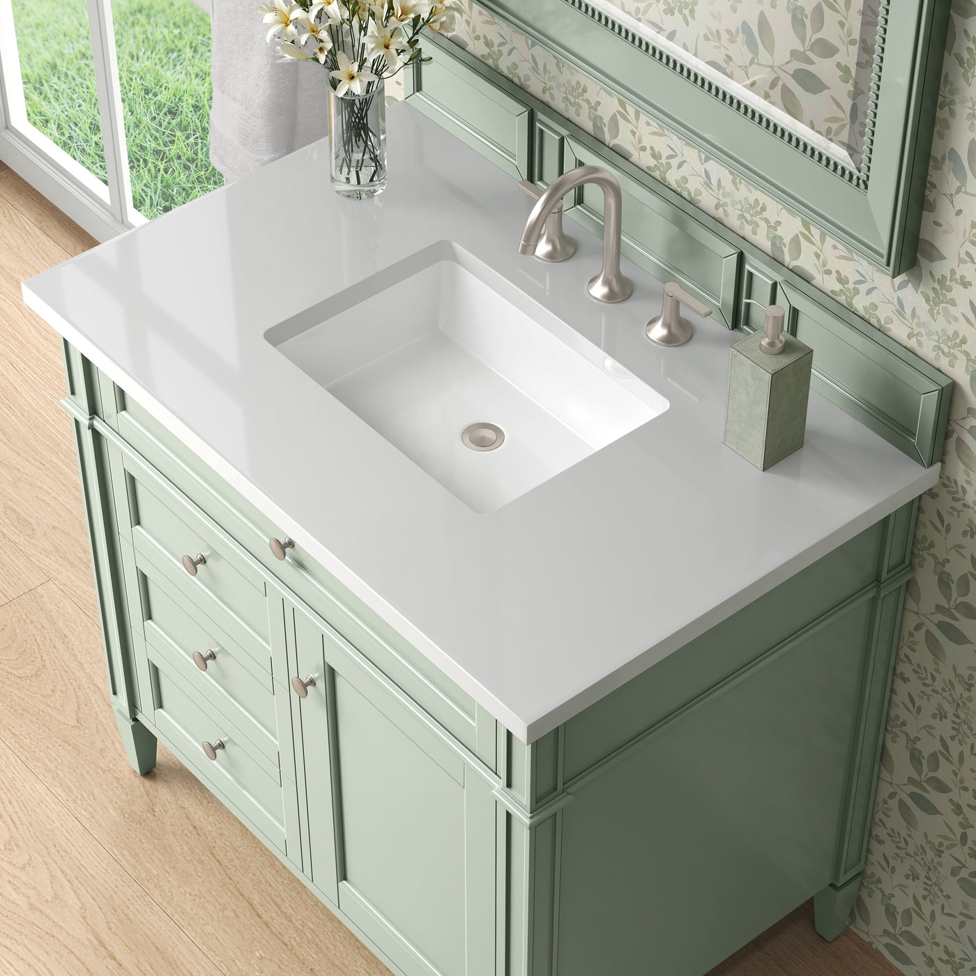 James Martin Brittany 36" Single Bathroom Vanity, Sage Green with White Zeus countertop
