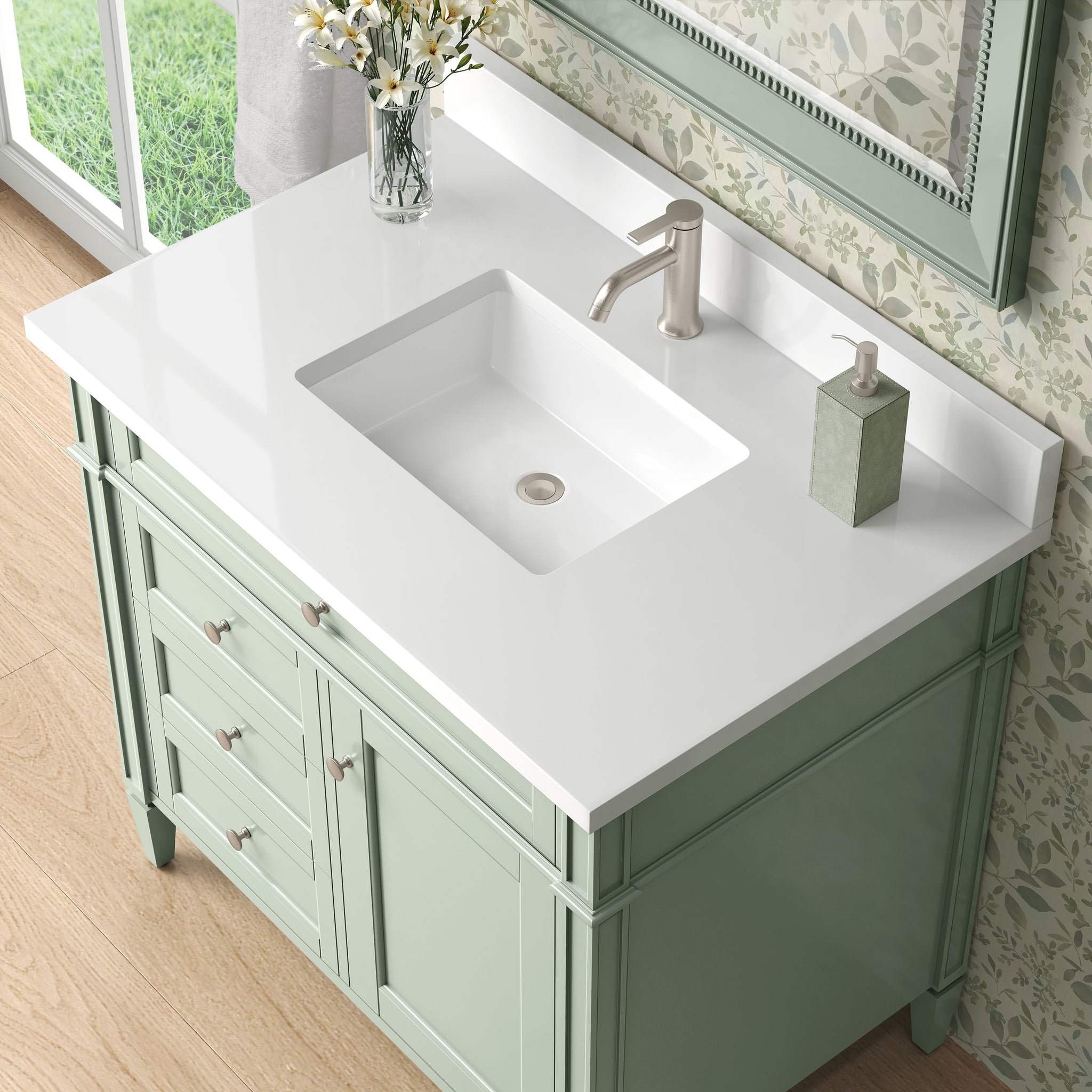 James Martin Brittany 36" Single Bathroom Vanity, Sage Green with White Zeus (Single Hole, with Backsplash) countertop