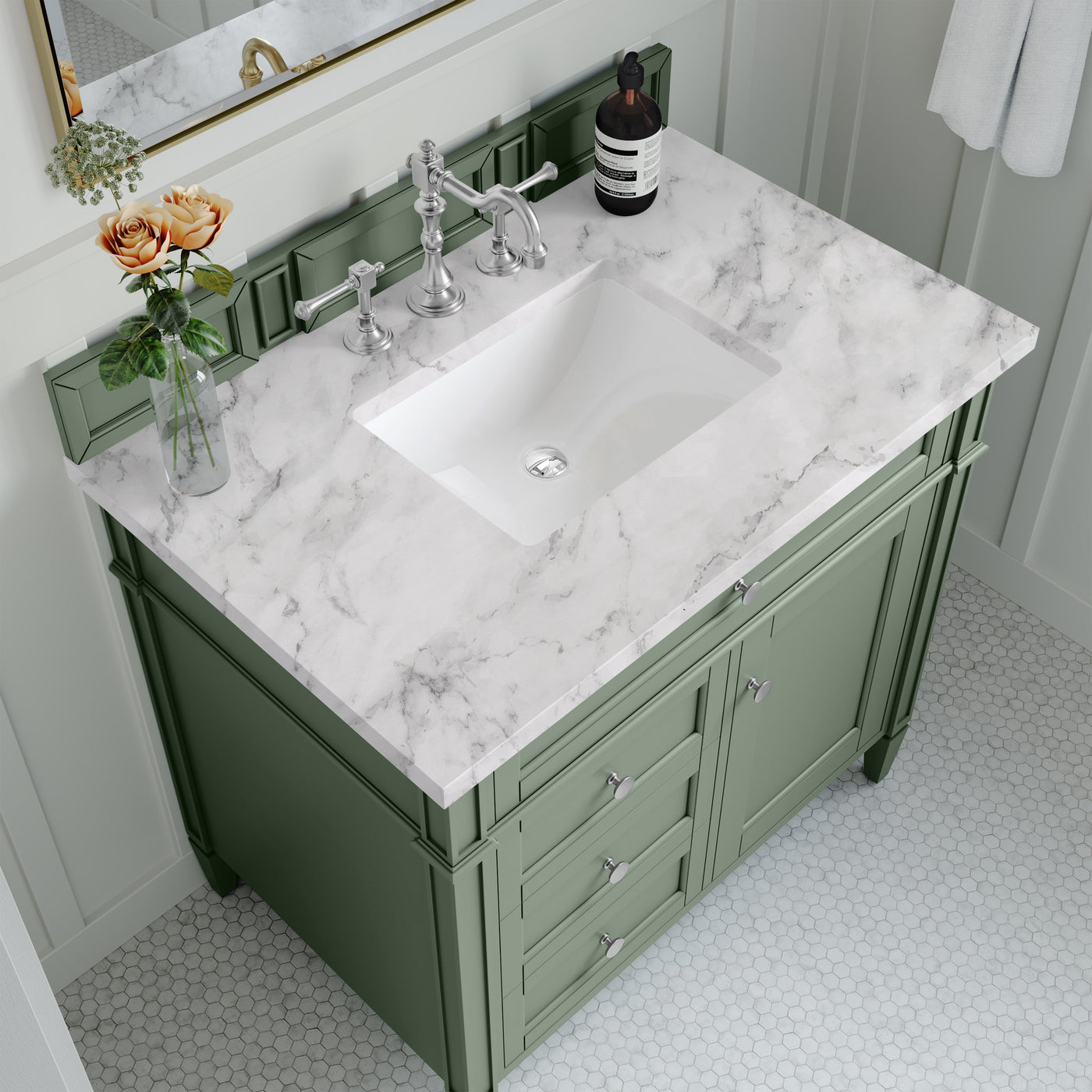 James Martin Brittany 36" Single Bathroom Vanity, Smokey Celadon with Carrara White countertop