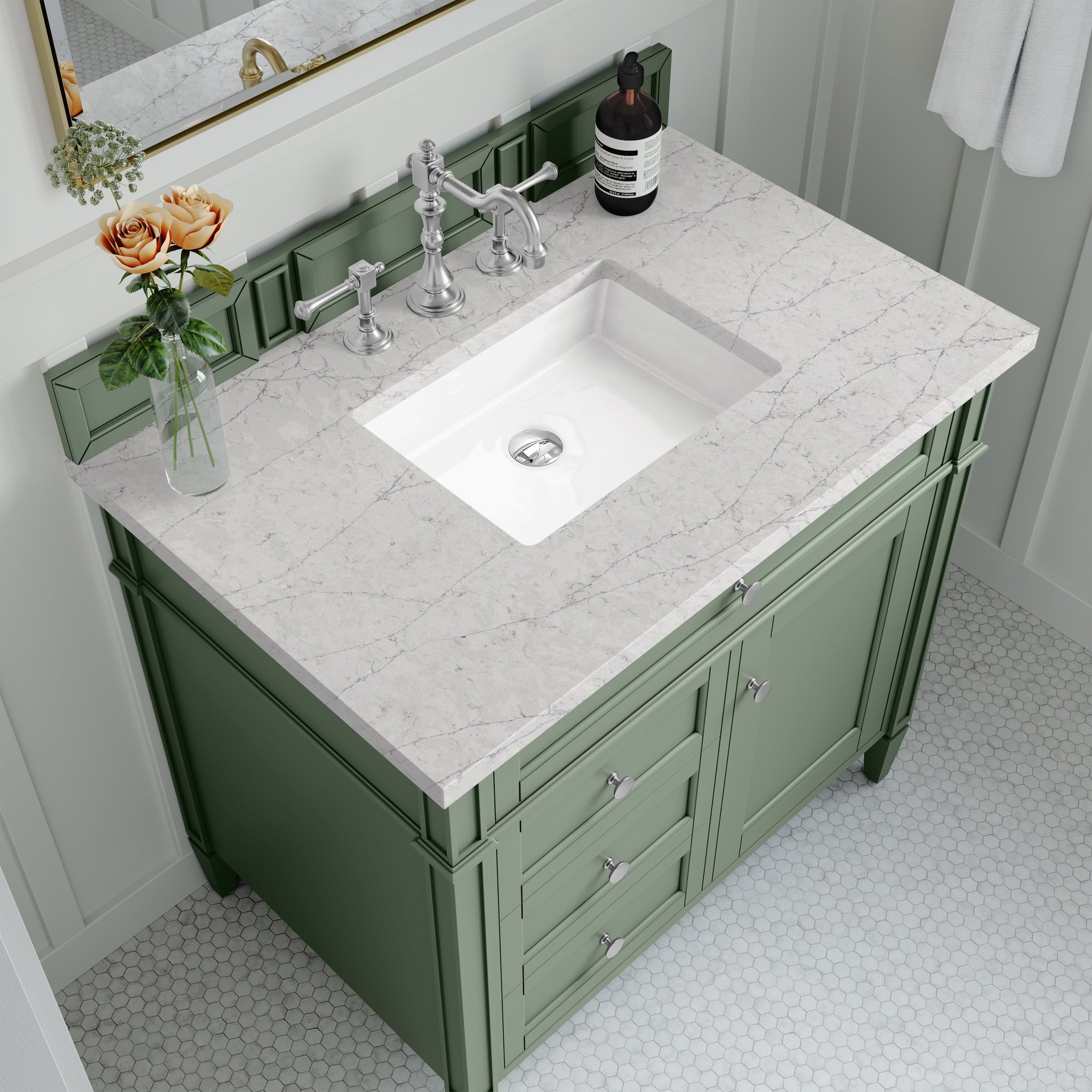 James Martin Brittany 36" Single Bathroom Vanity, Smokey Celadon with Eternal Jasmine Pearl countertop