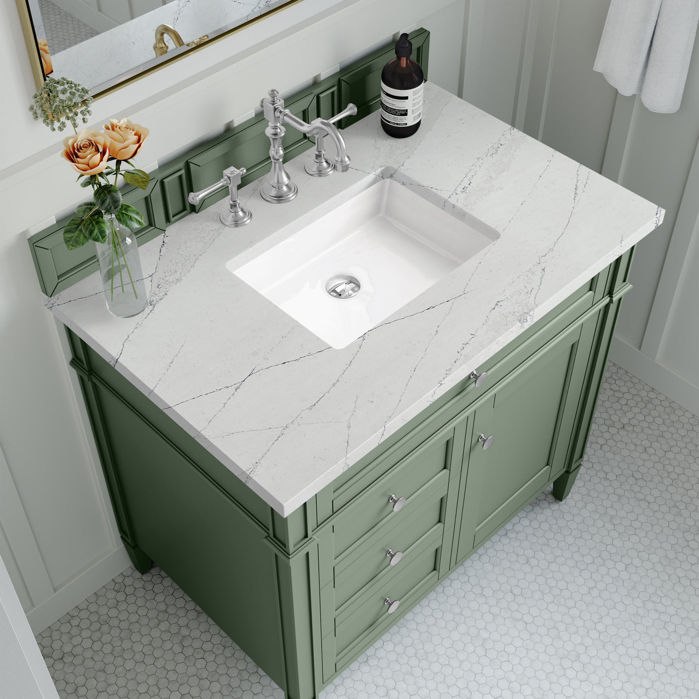 James Martin Brittany 36" Single Bathroom Vanity, Smokey Celadon with Ethereal Noctis countertop