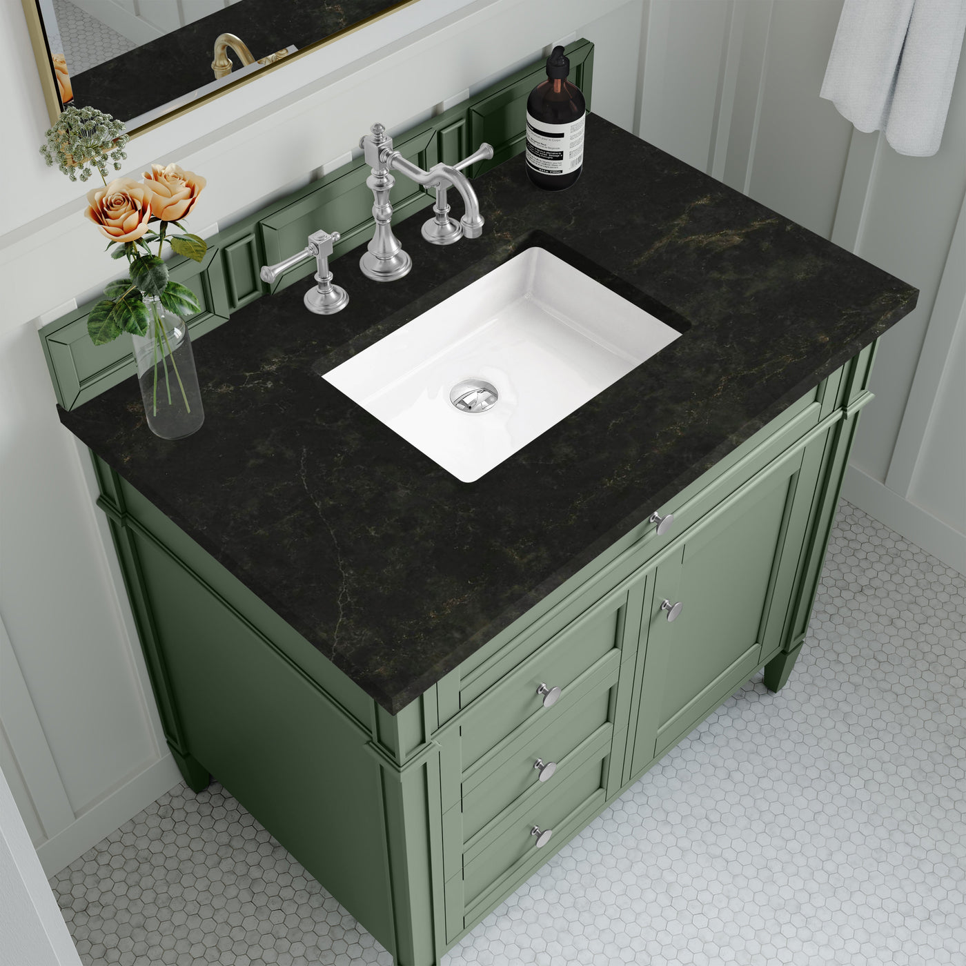 James Martin Brittany 36" Single Bathroom Vanity, Smokey Celadon with Phantome countertop