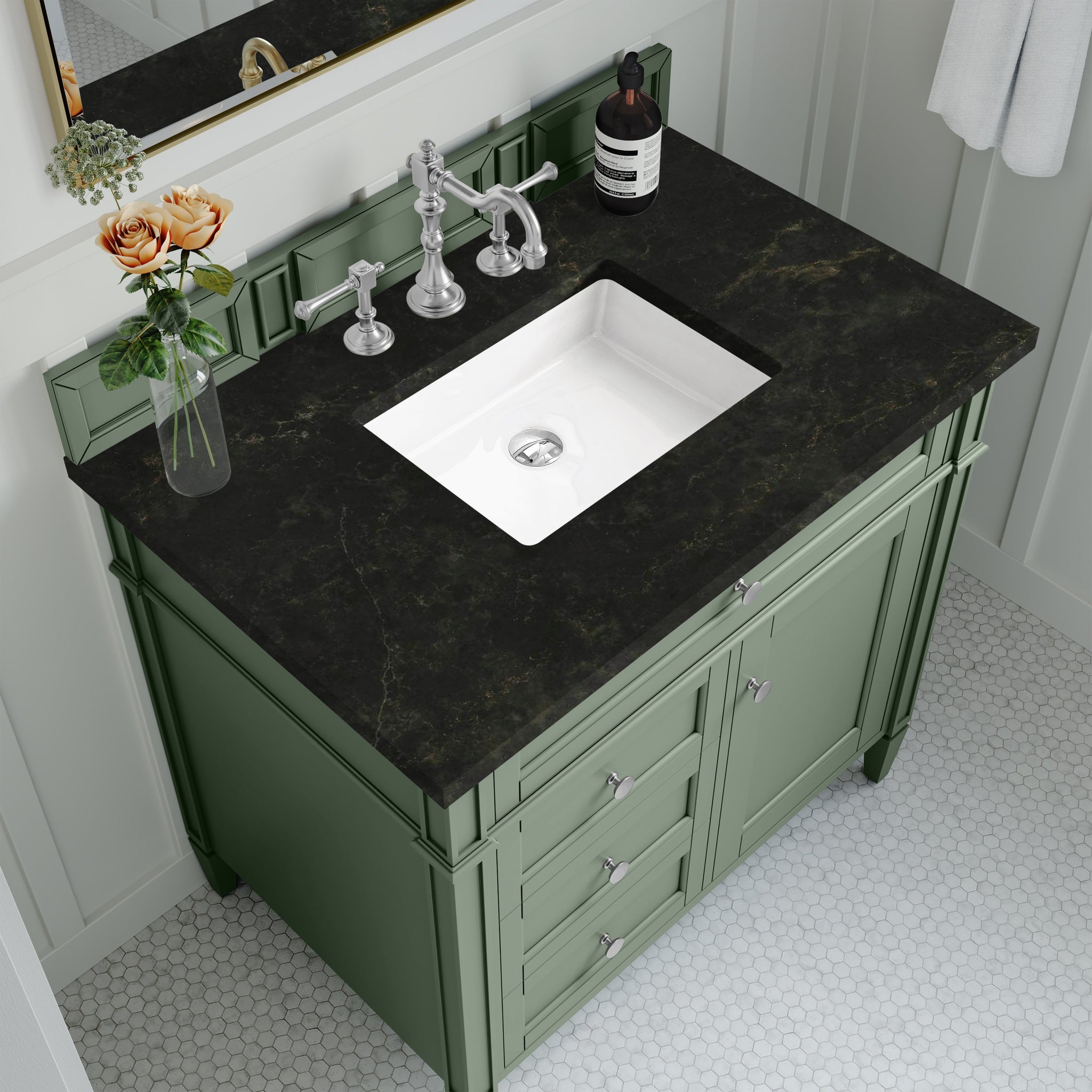 James Martin Brittany 36" Single Bathroom Vanity, Smokey Celadon with Phantome countertop