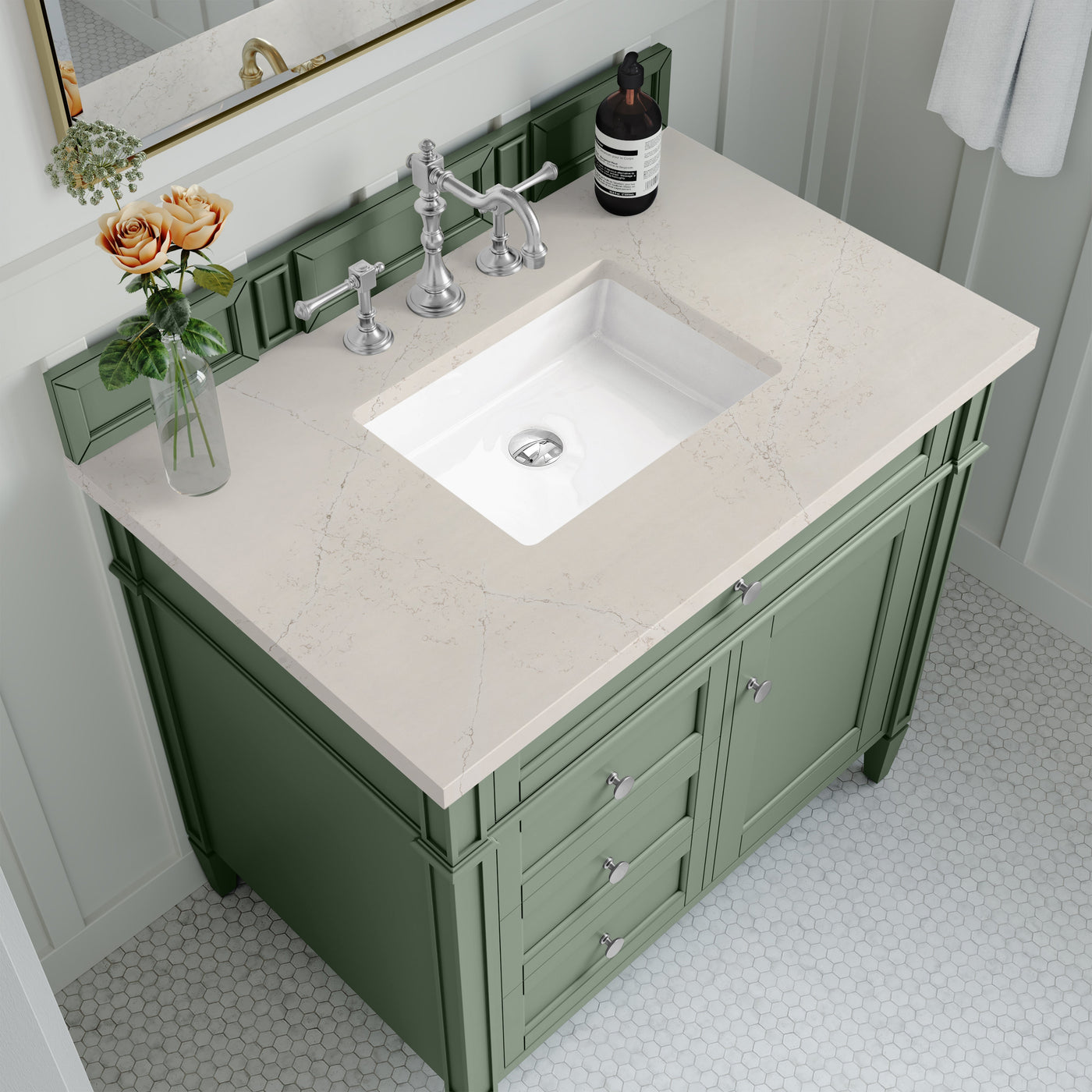James Martin Brittany 36" Single Bathroom Vanity, Smokey Celadon with Siberian countertop