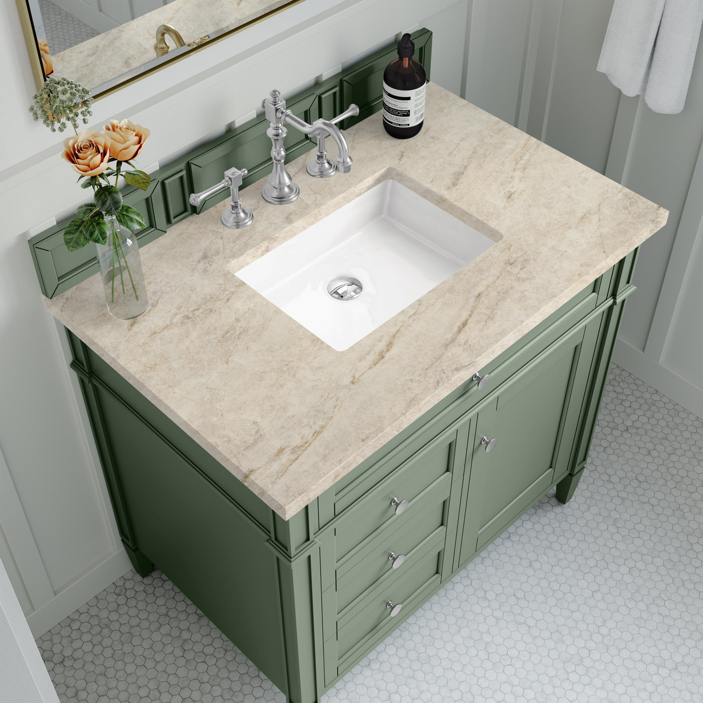 James Martin Brittany 36" Single Bathroom Vanity, Smokey Celadon with Tajnar countertop