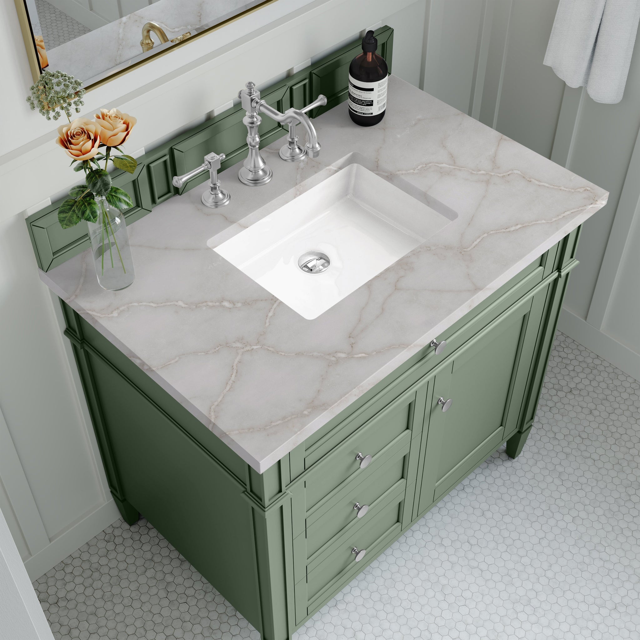 James Martin Brittany 36" Single Bathroom Vanity, Smokey Celadon with Victorian Silver countertop