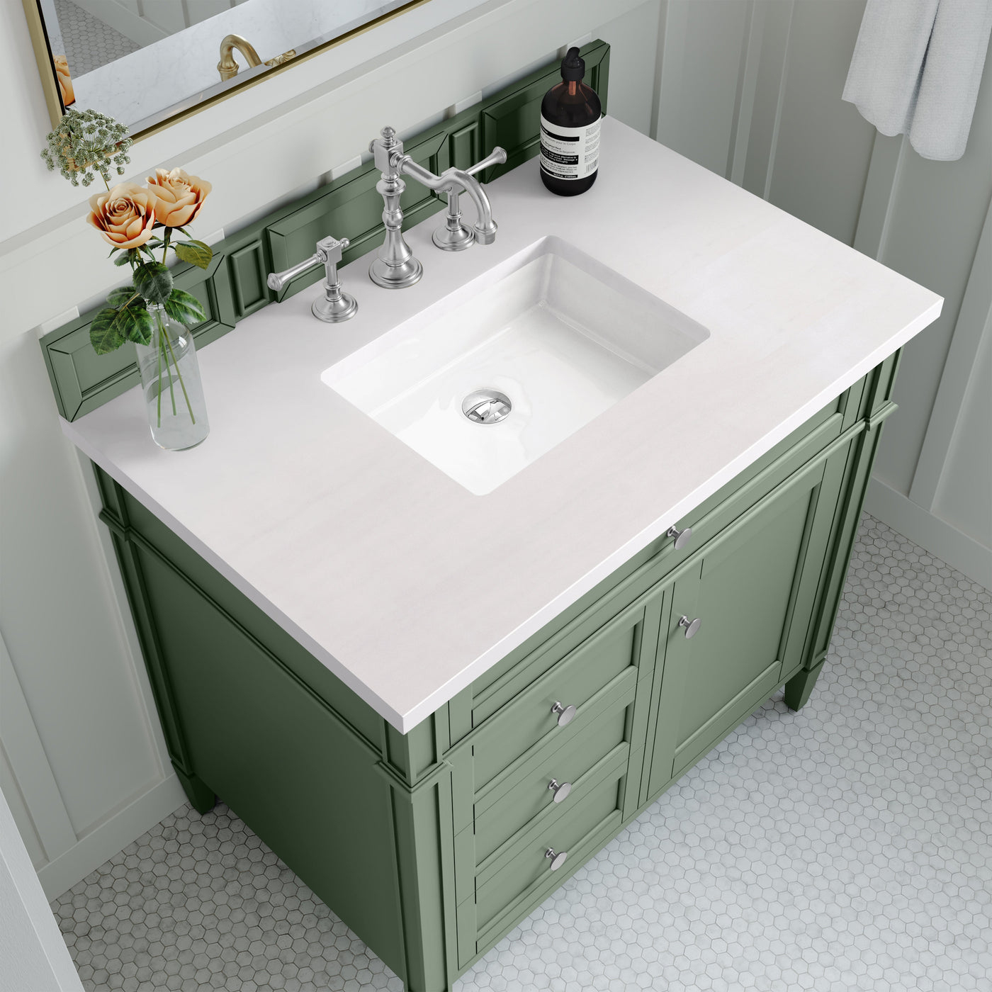 James Martin Brittany 36" Single Bathroom Vanity, Smokey Celadon with White Zeus countertop