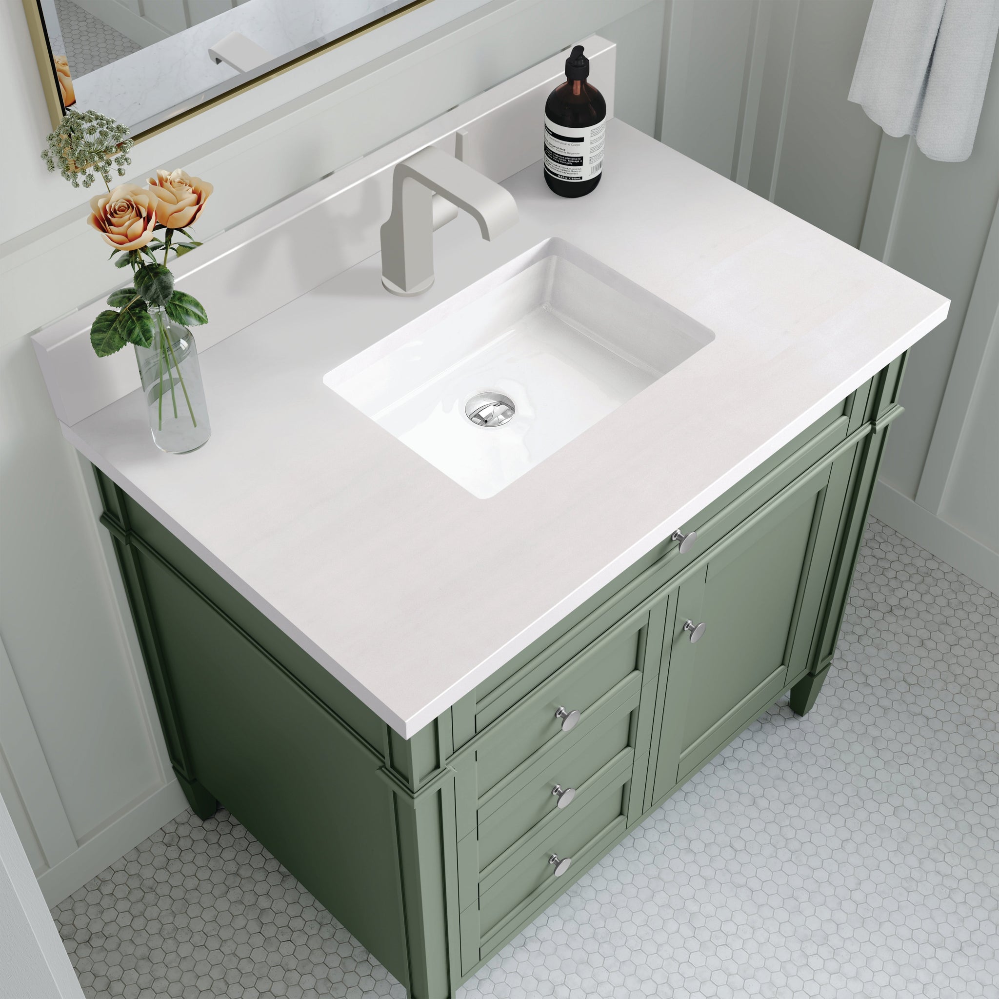 James Martin Brittany 36" Single Bathroom Vanity, Smokey Celadon with White Zeus (Single Hole, with Backsplash) countertop