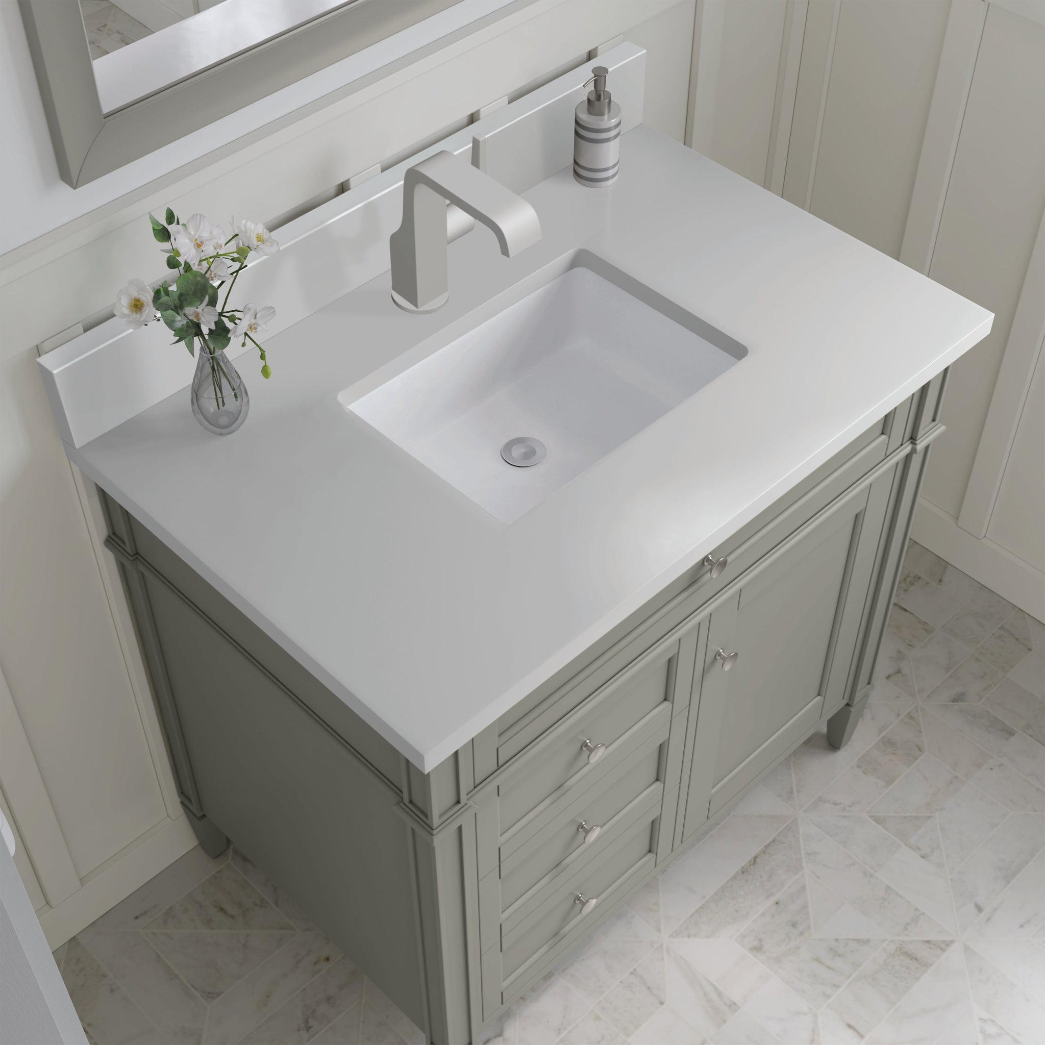 James Martin Brittany 36" Single Bathroom Vanity, Urban Gray with White Zeus (Single Hole, with Backsplash) countertop